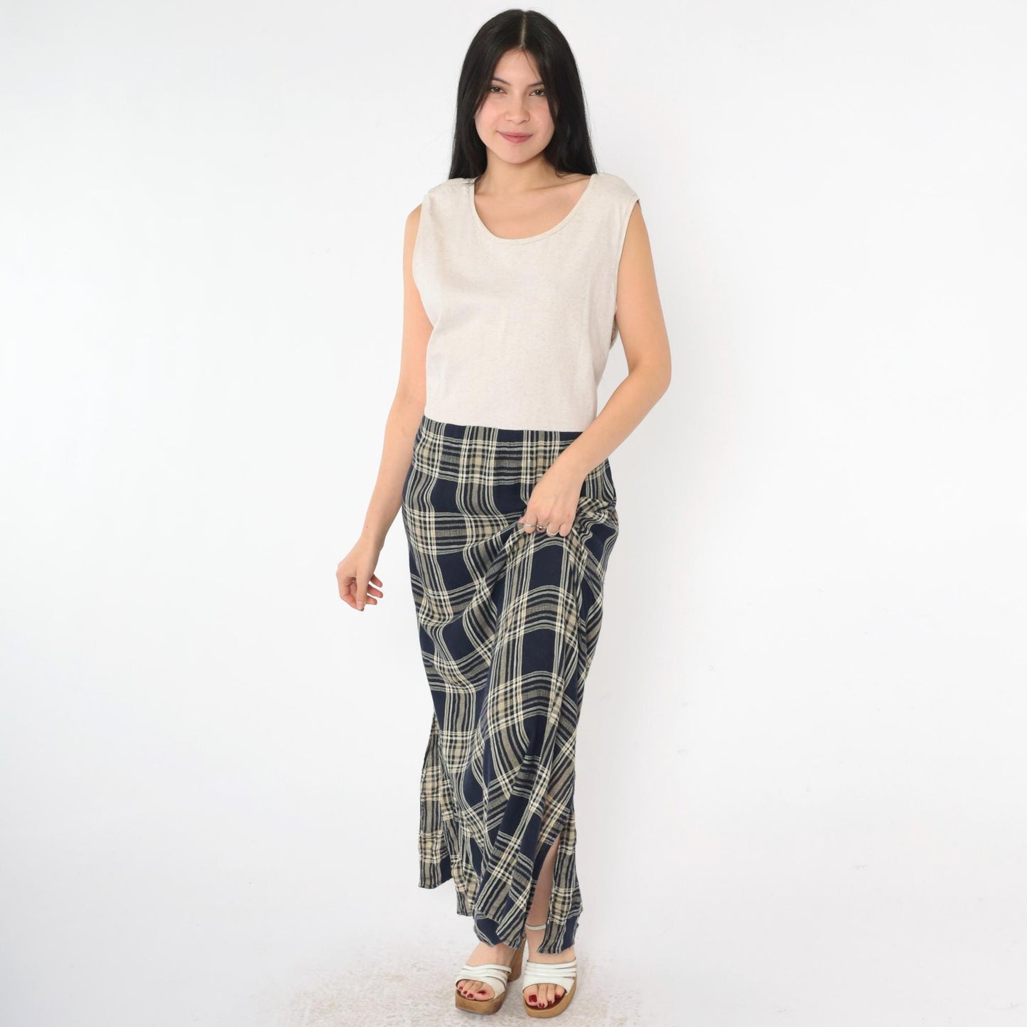 90s Jessica Howard Navy Checkered Maxi Dress Beige Bodice Drop Waist Medium Large