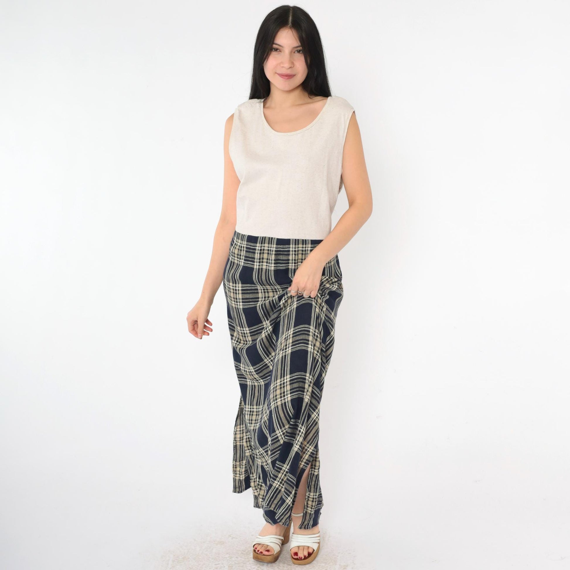 90s Jessica Howard Navy Checkered Maxi Dress Beige Bodice Drop Waist Medium Large