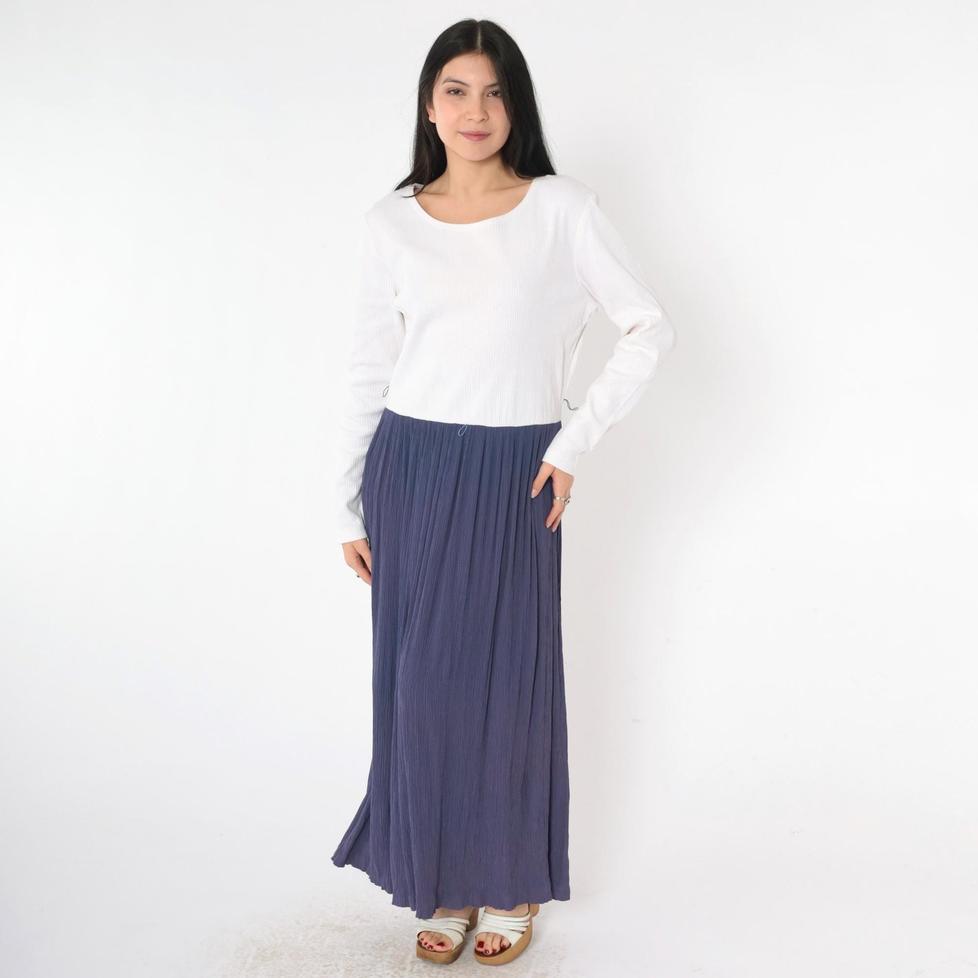 90s Two Tone Maxi Dress Blue White Long Sleeve Low Waist Large 12