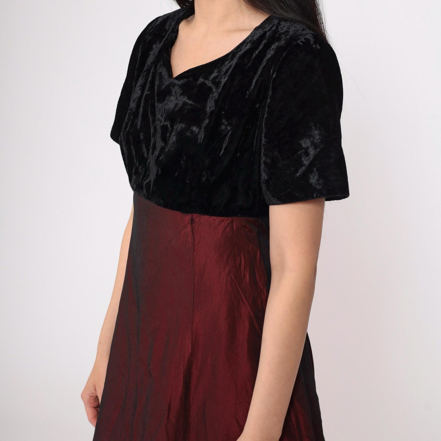 90s Black Velvet Burgundy Taffeta Mini Dress High Waist Bow Back Small S