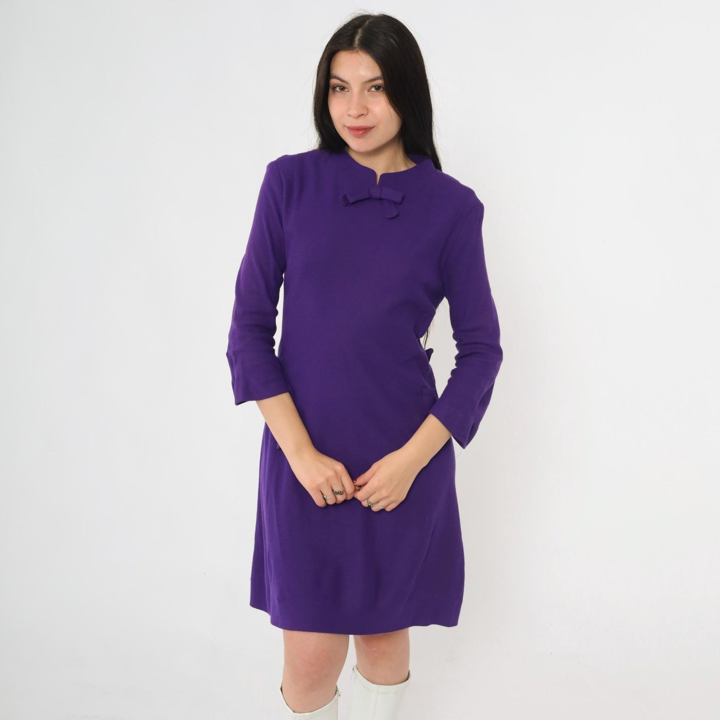 60s Purple Wool Shift Dress Bow Neck Mini 3/4 Sleeve Small