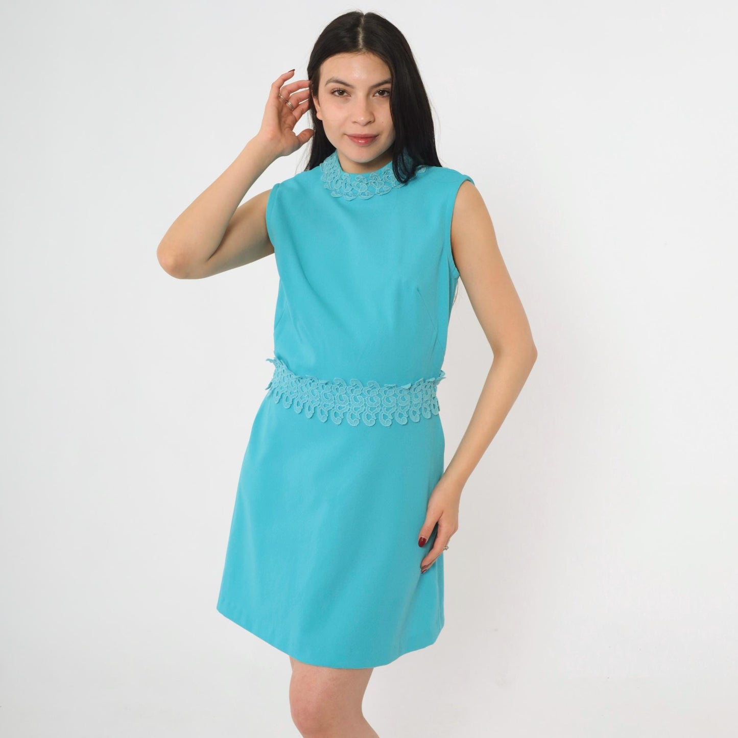 1960s Blue Lace Trim Mock Neck Shift Minidress Small S
