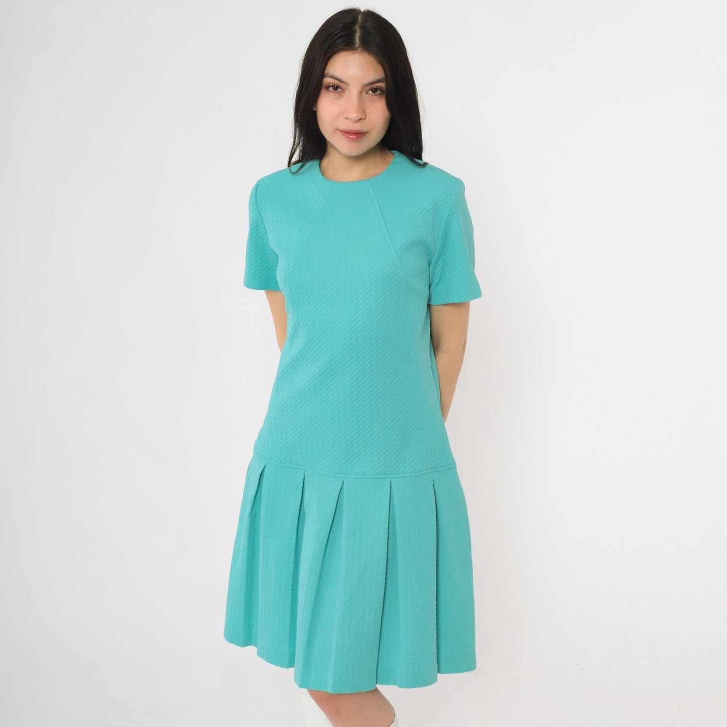 60s Mod Mini Dress Drop Waist Pleated Skirt Turquoise Polyester Small