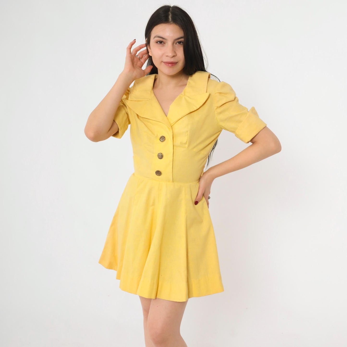 60s Yellow Mod Mini Dress Puff Sleeve Button-Up Collared A-Line Small