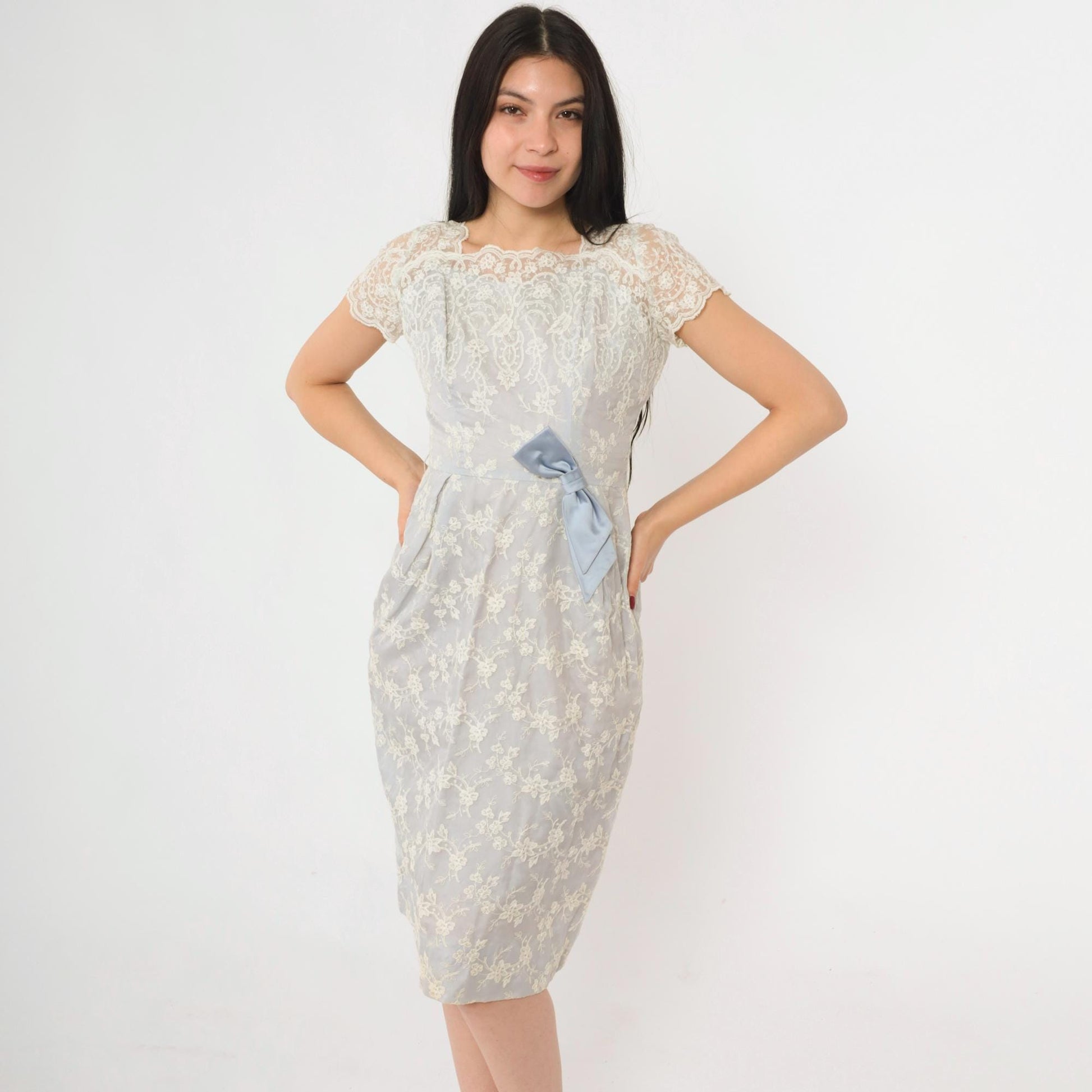 1950s Blue Lace Midi Dress Scalloped Cap Sleeve Satin Bow Extra Small XS