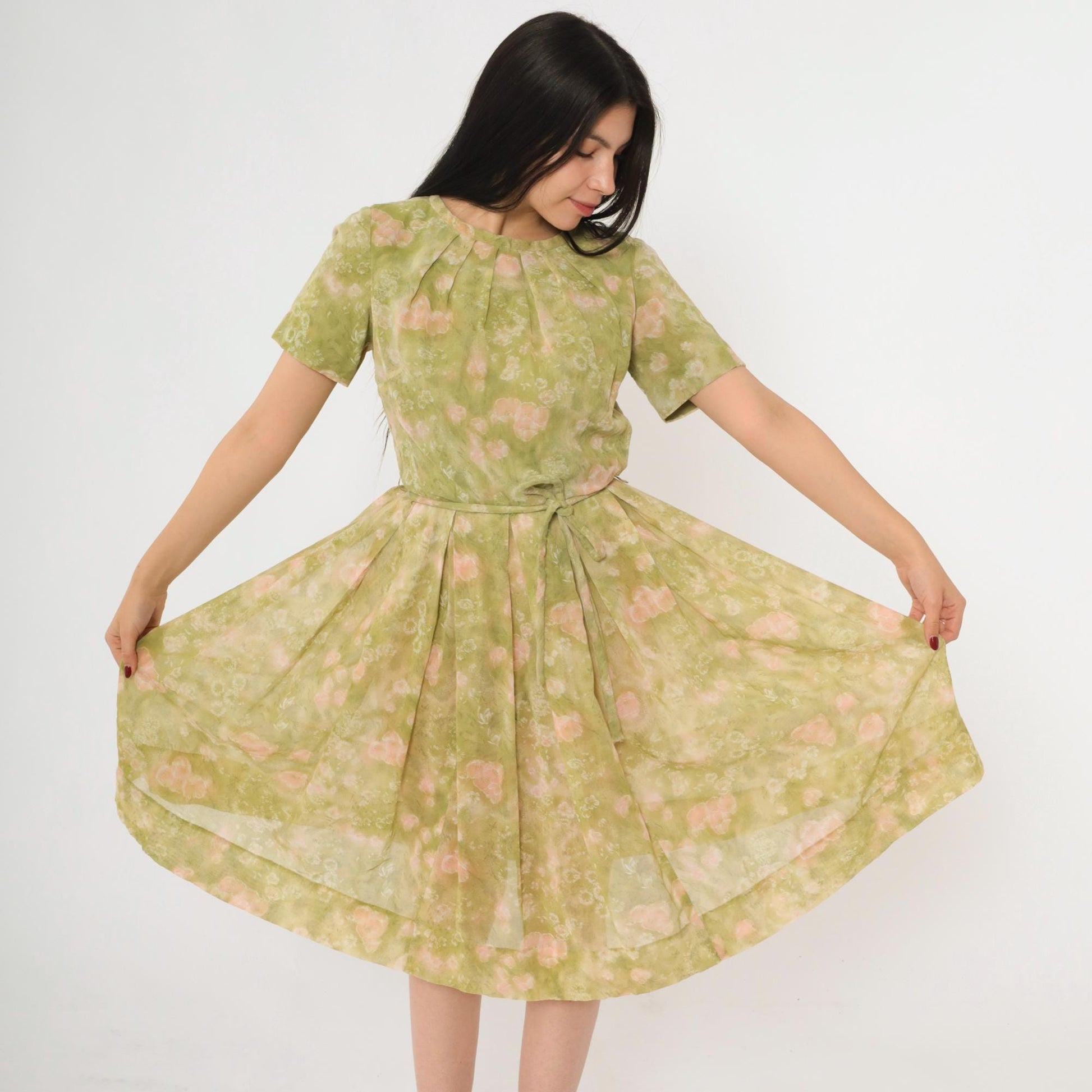1960s Jean Lang Floral Pleated Day Dress Green Pink Knee-Length Small
