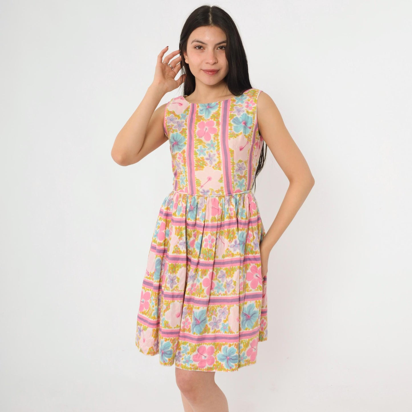 1960s Tropical Floral Mini Dress Pink Blue High Waist Sleeveless Extra Small