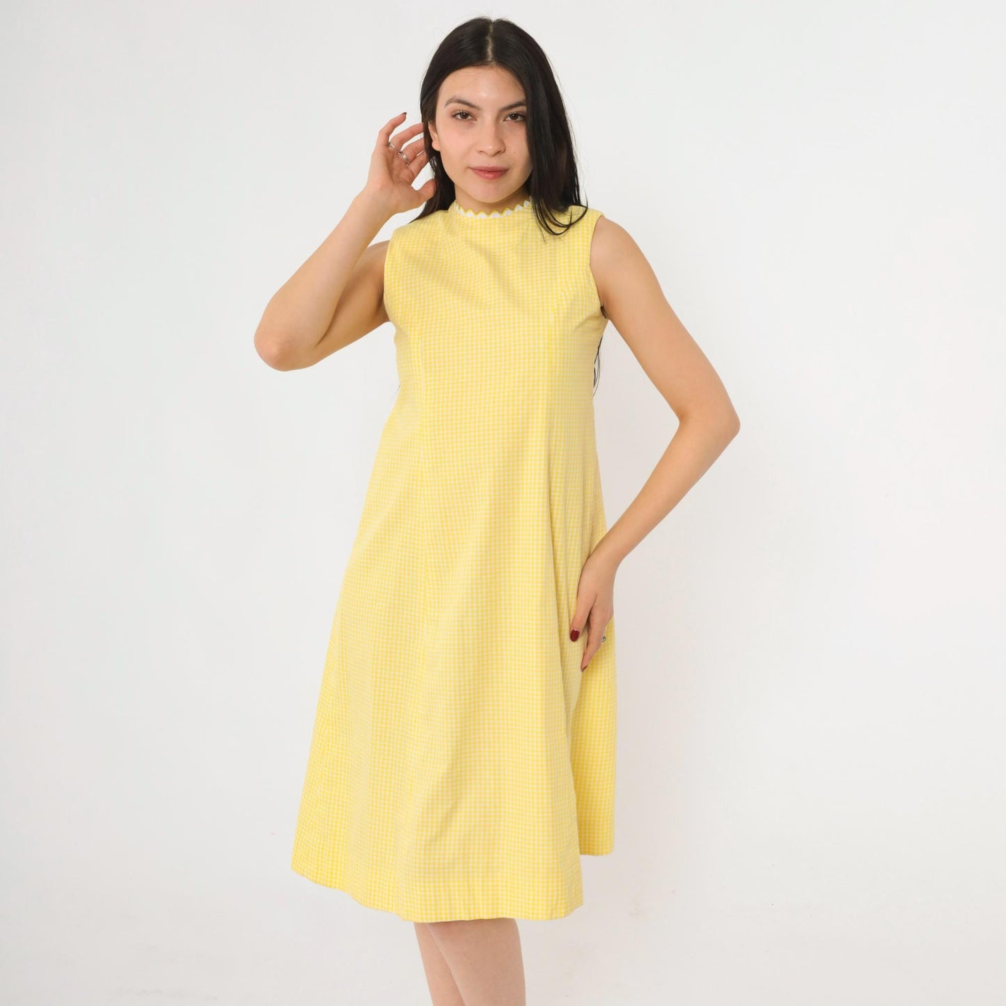 60s Yellow Gingham Sleeveless Dress Ric Rac Trim High Neck A-Line Knee Extra Small