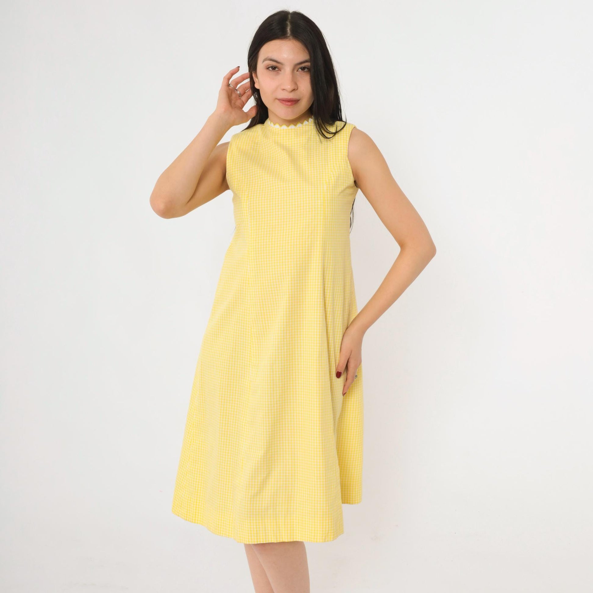 60s Yellow Gingham Sleeveless Dress Ric Rac Trim High Neck A-Line Knee Extra Small