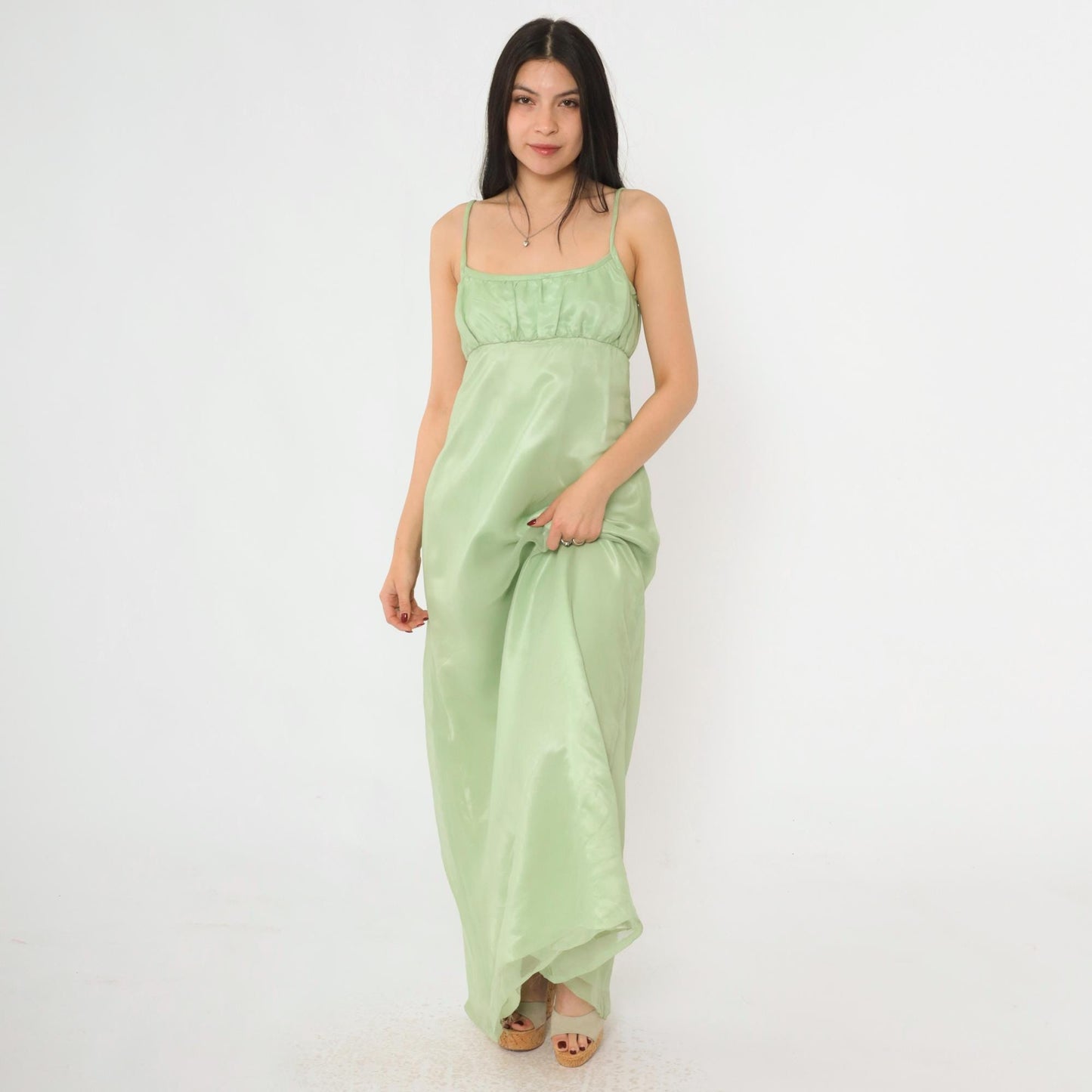70s Light Green Empire Waist Maxi Dress Organdy Spaghetti Strap Formal Gown XS