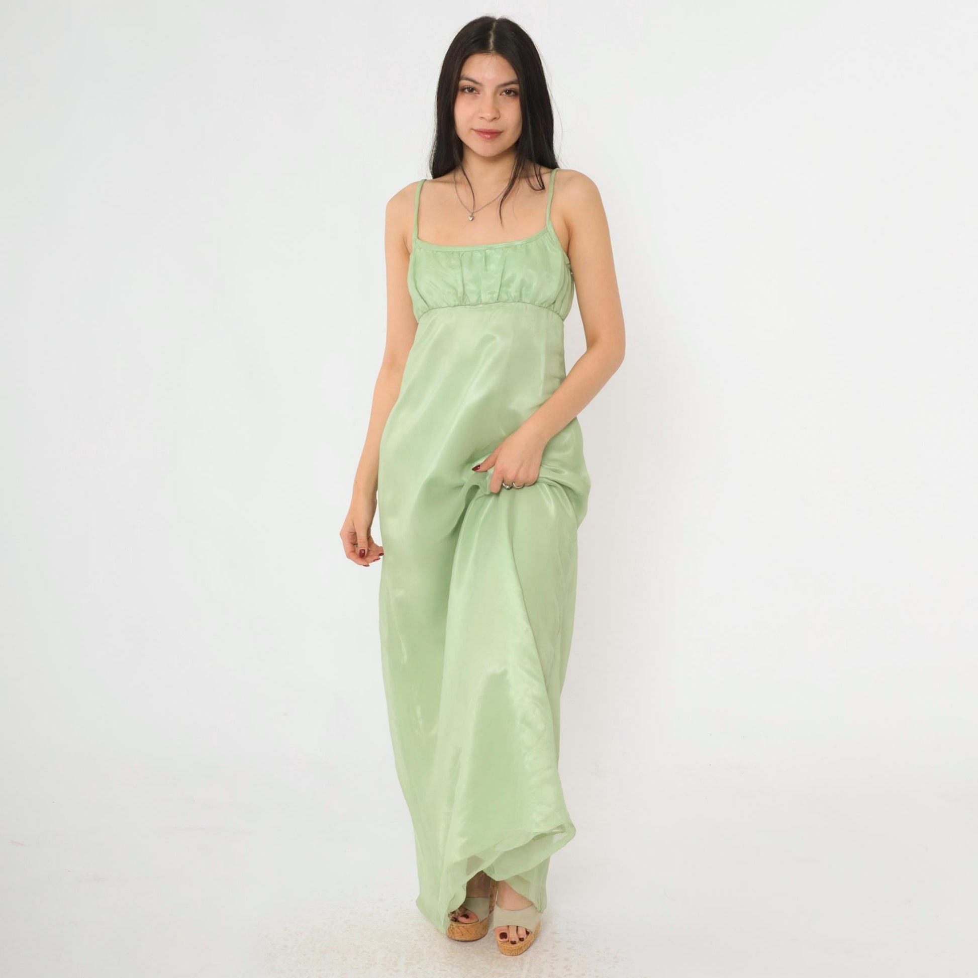 70s Light Green Empire Waist Maxi Dress Organdy Spaghetti Strap Formal Gown XS