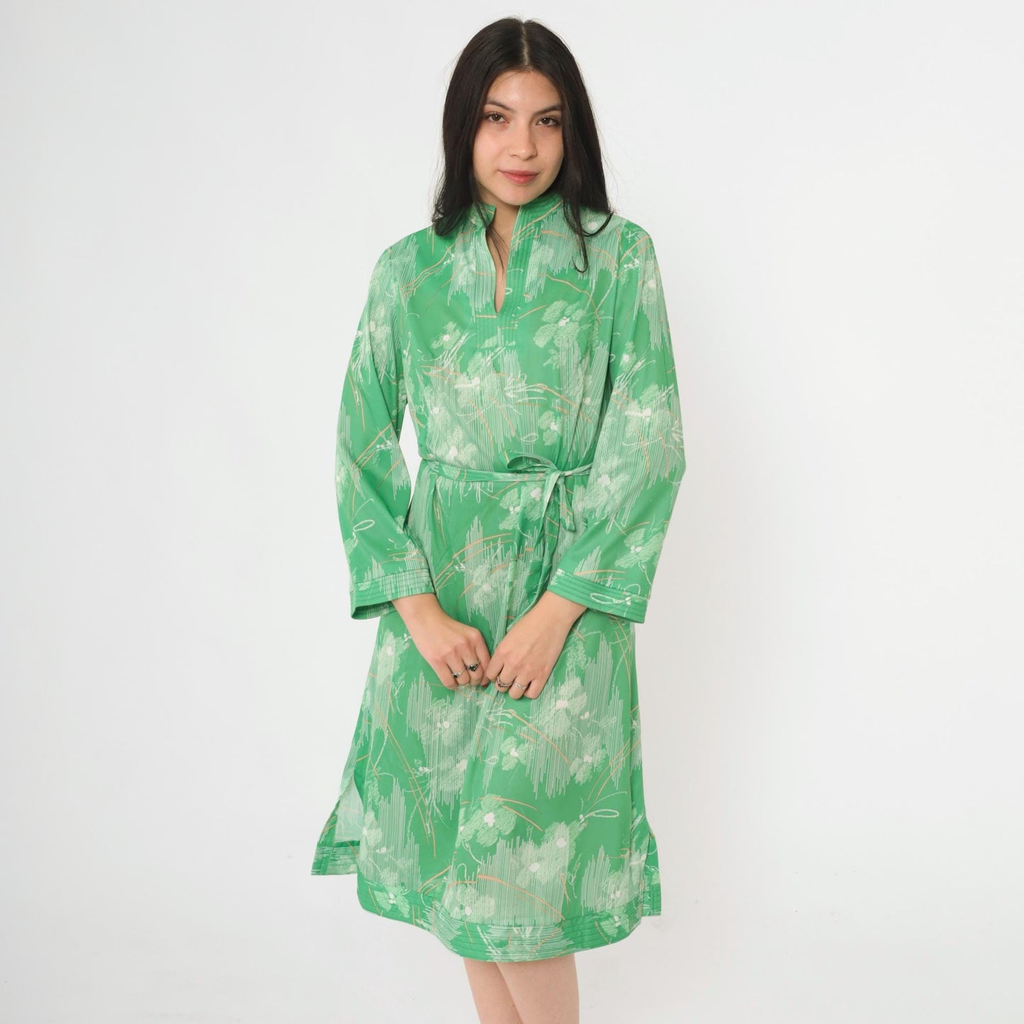 70s Abstract Floral Midi Dress Green Mandarin Collar Side Slit Tie Belt Large