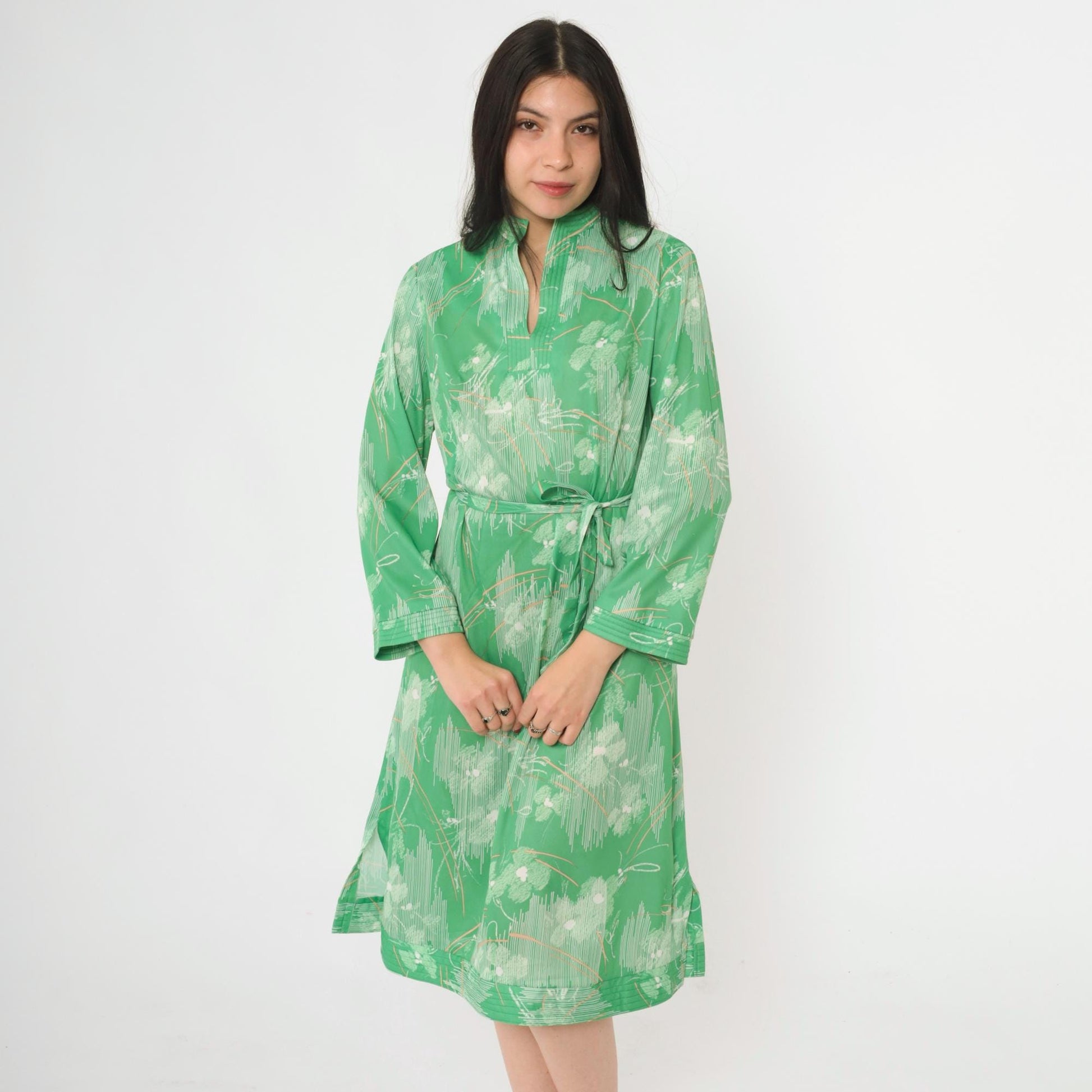 70s Abstract Floral Midi Dress Green Mandarin Collar Side Slit Tie Belt Large