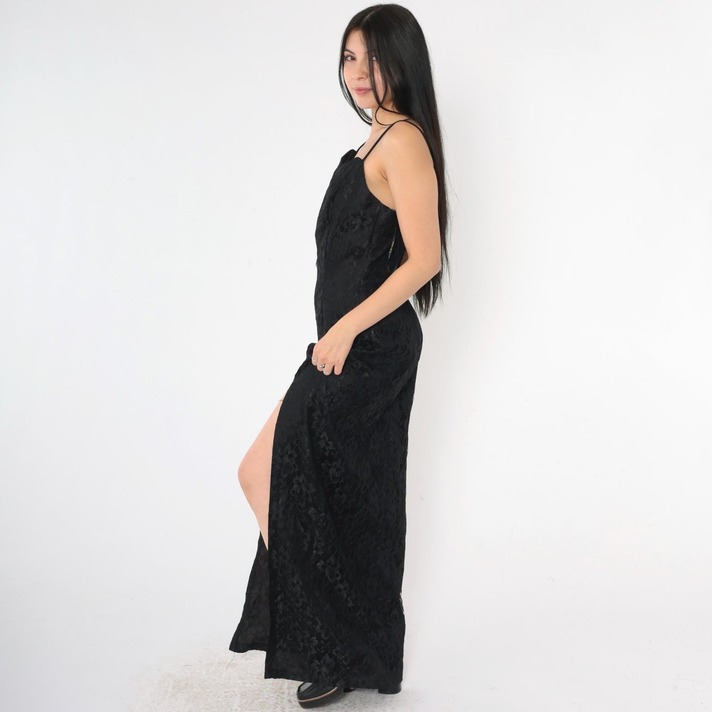 90s Black Lace Maxi Dress Sweetheart Neckline High Slit Spaghetti Strap Small