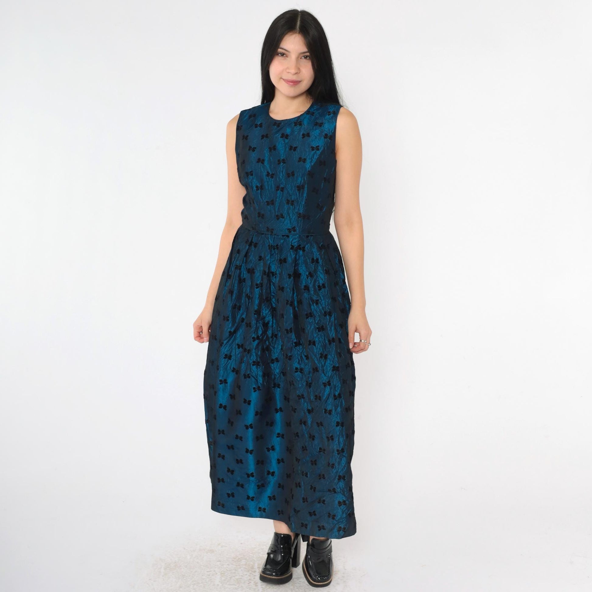 90s Susan Bristol Blue Taffeta Bow Print Midi Party Dress Extra Small