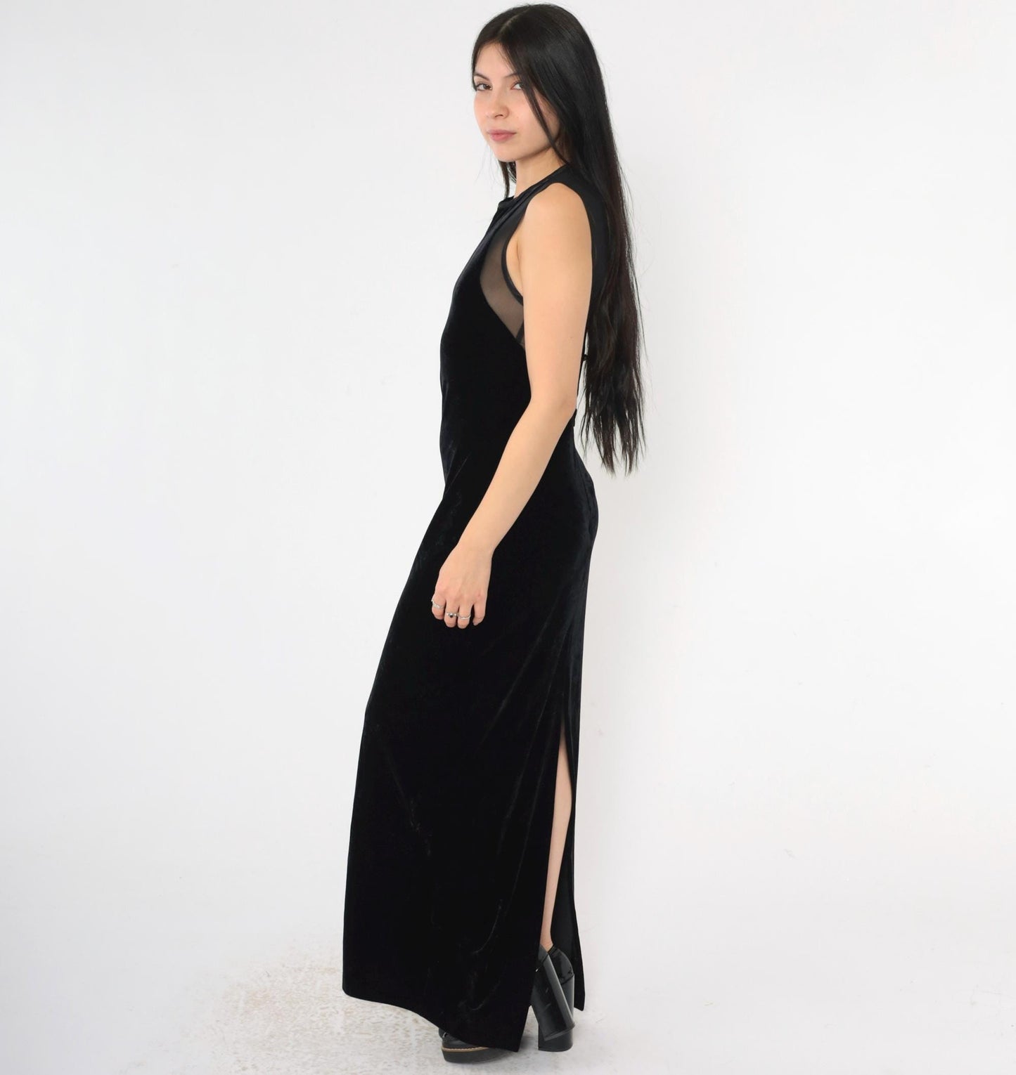 90s Jessica Howard Black Velvet Maxi Dress Sheer Mesh Back Rhinestone Small