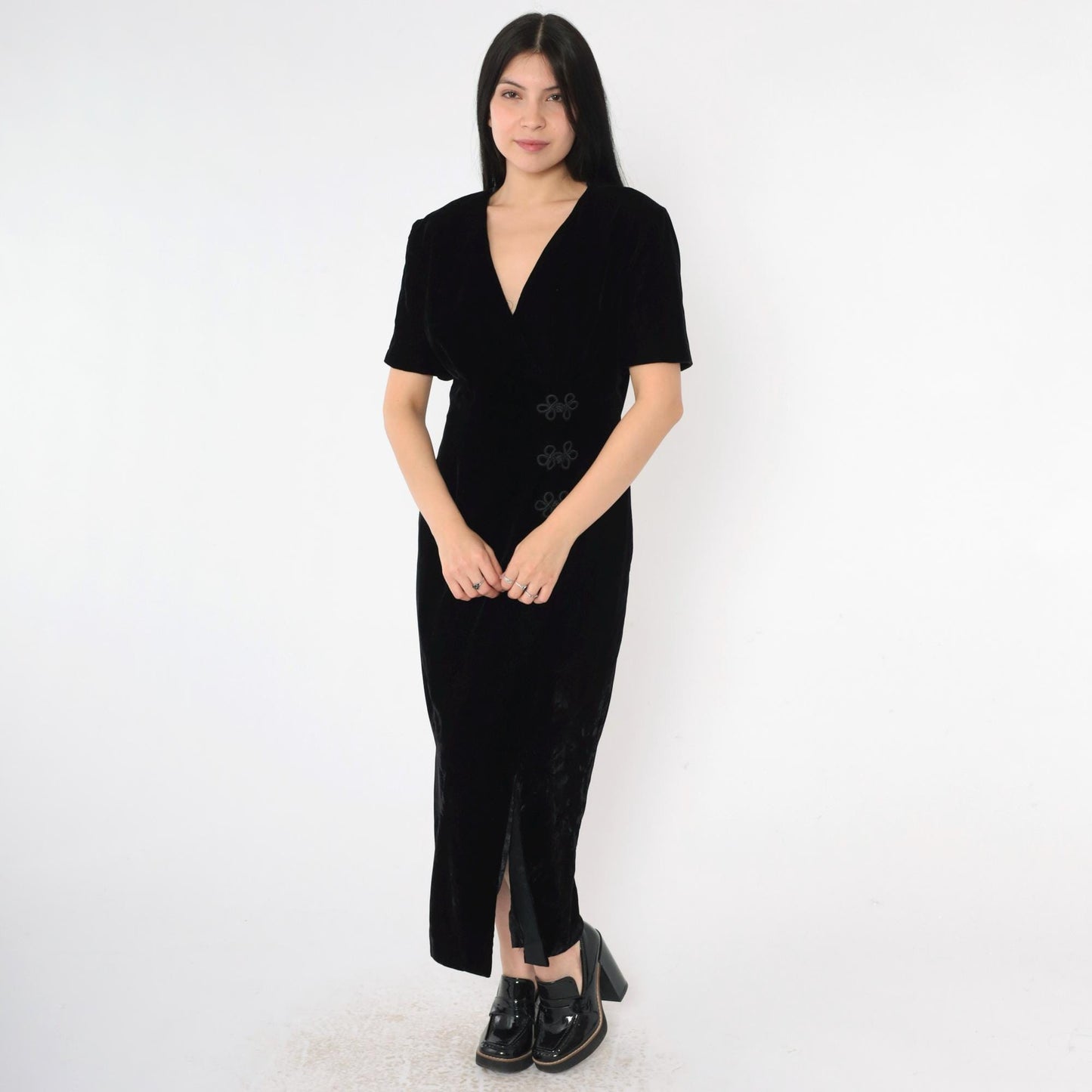 90s Talbots Black Velvet V-Neck Midi Dress Frog Closures Small 6