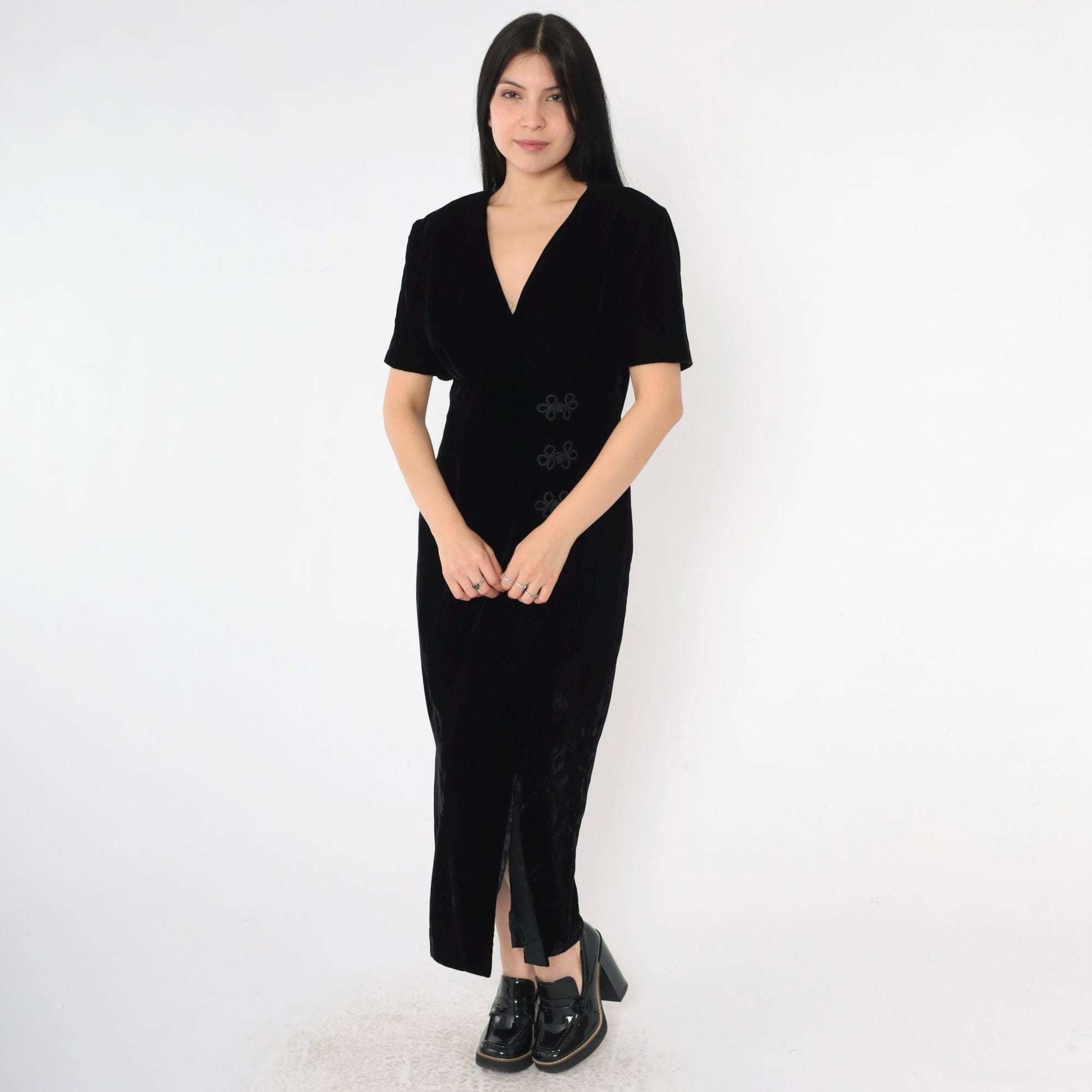 90s Talbots Black Velvet V-Neck Midi Dress Frog Closures Small 6