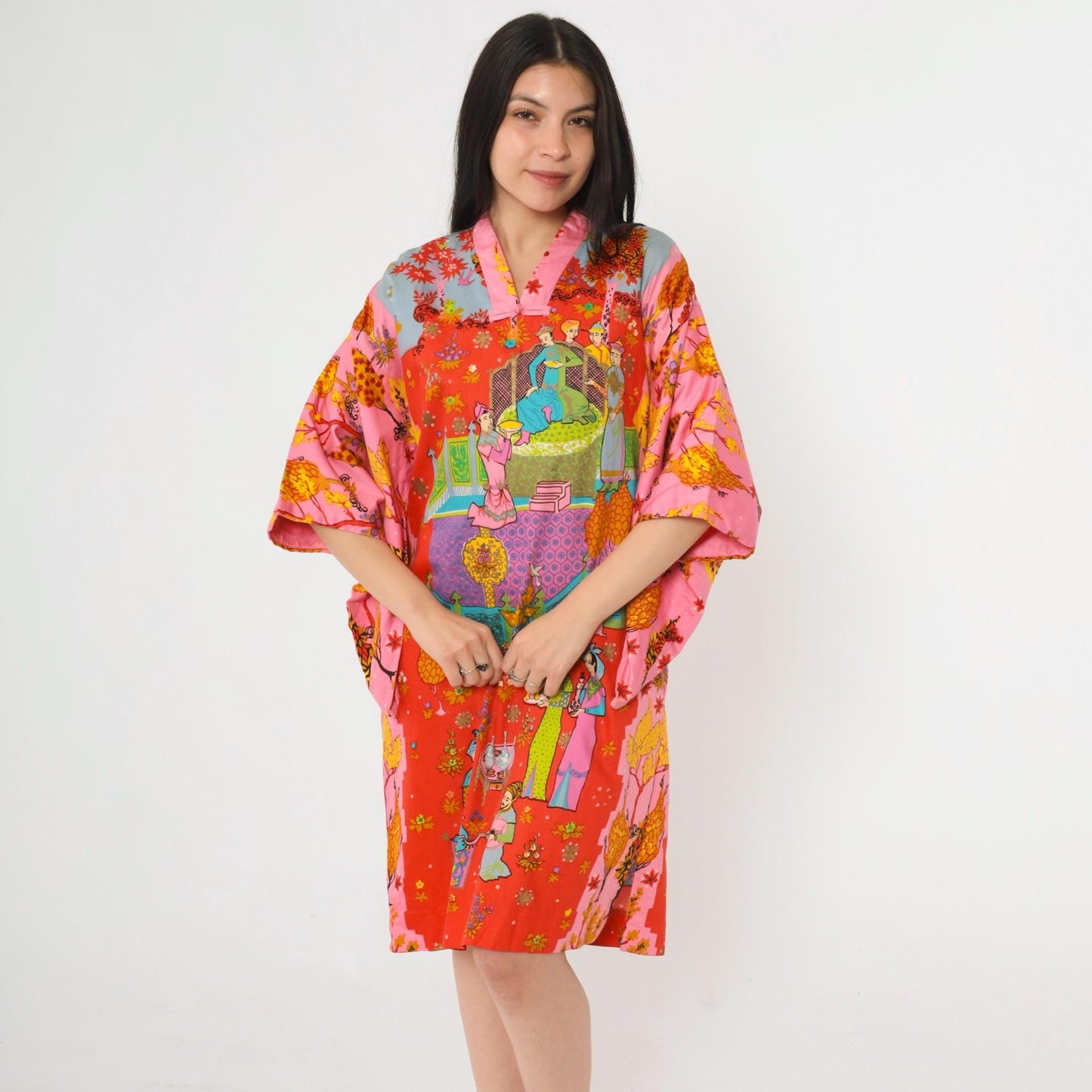 70s Alice Polynesian Kaftan Dress Bell Sleeve Asian Court Print Red Pink Small