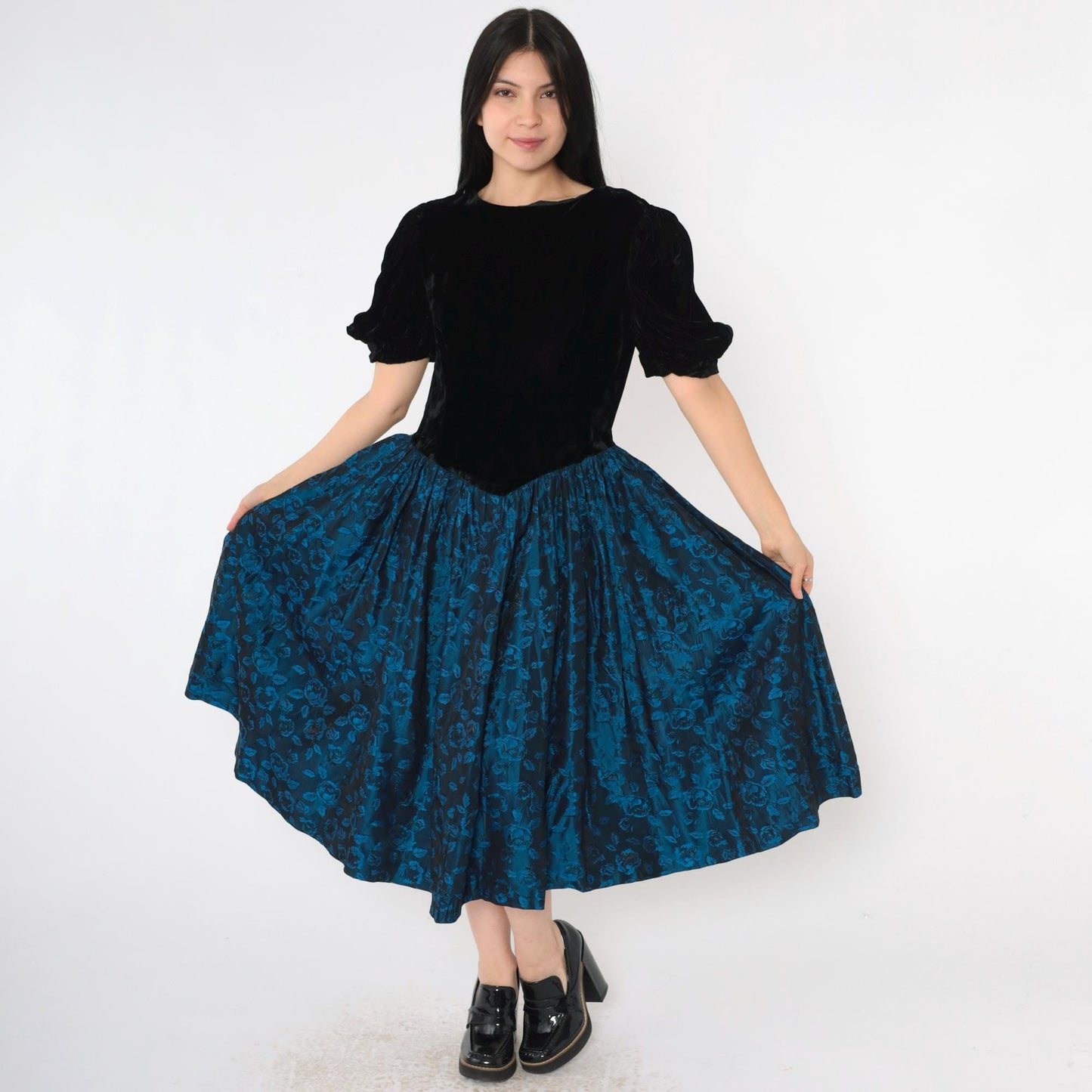 80s Black Velvet Puff Sleeve Dress Blue Floral Jacquard Midi V Back Small