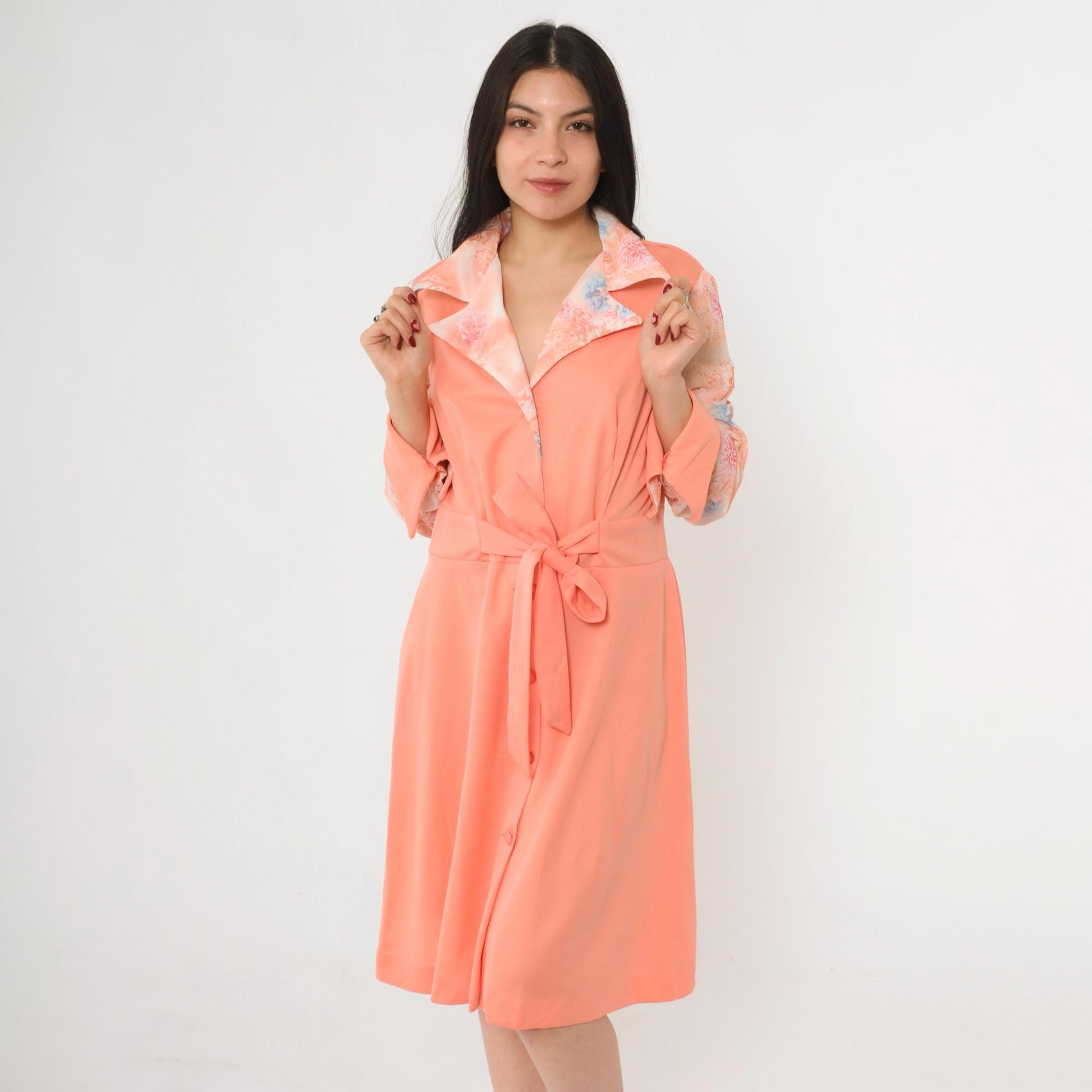 70s Peach Floral Button-Up Midi Dress High Waist Long Sleeve Collared Large L
