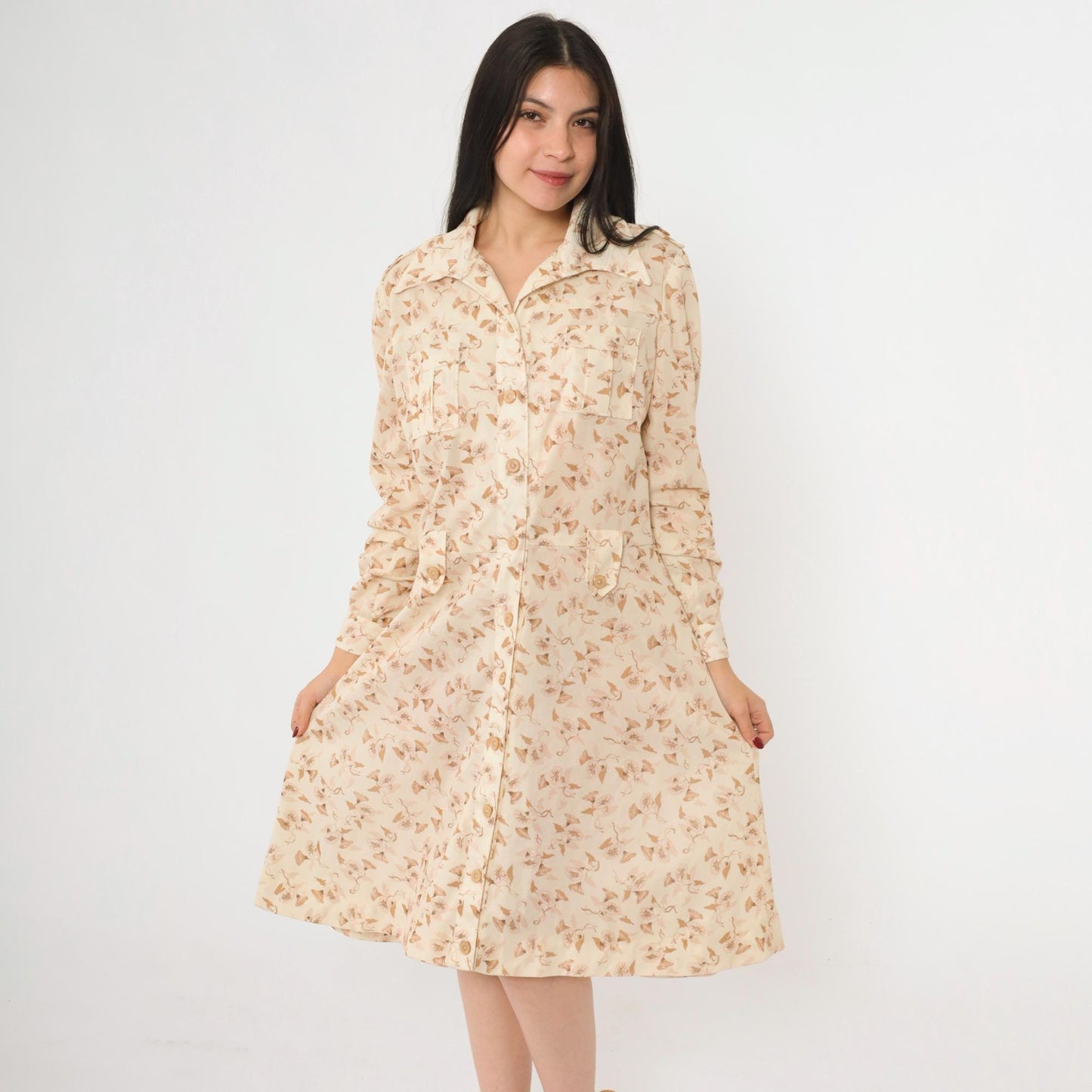 70s Cream Floral Midi Dress Button Up Long Sleeve Dagger Collar Fitted Waist Large