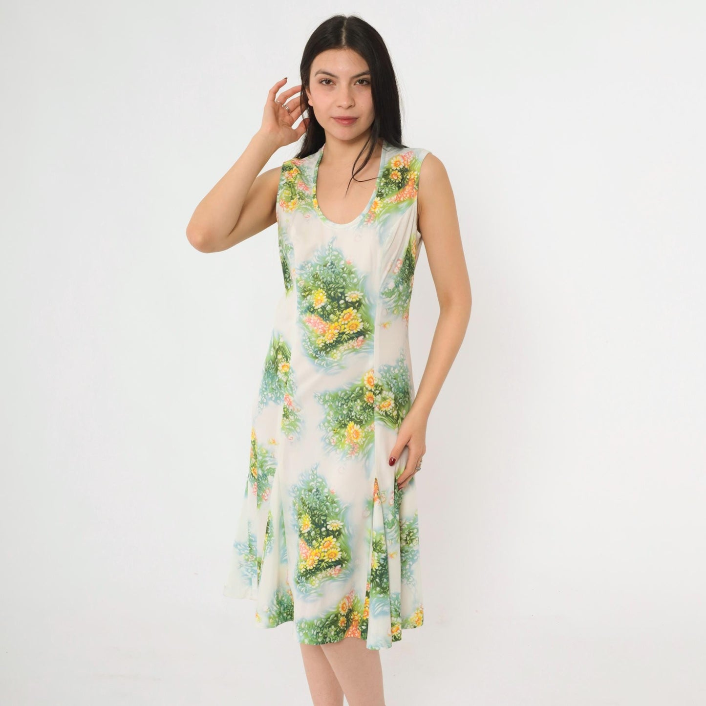 70s White Floral Print Sleeveless Dress Green Yellow Midi A-Line Medium 8