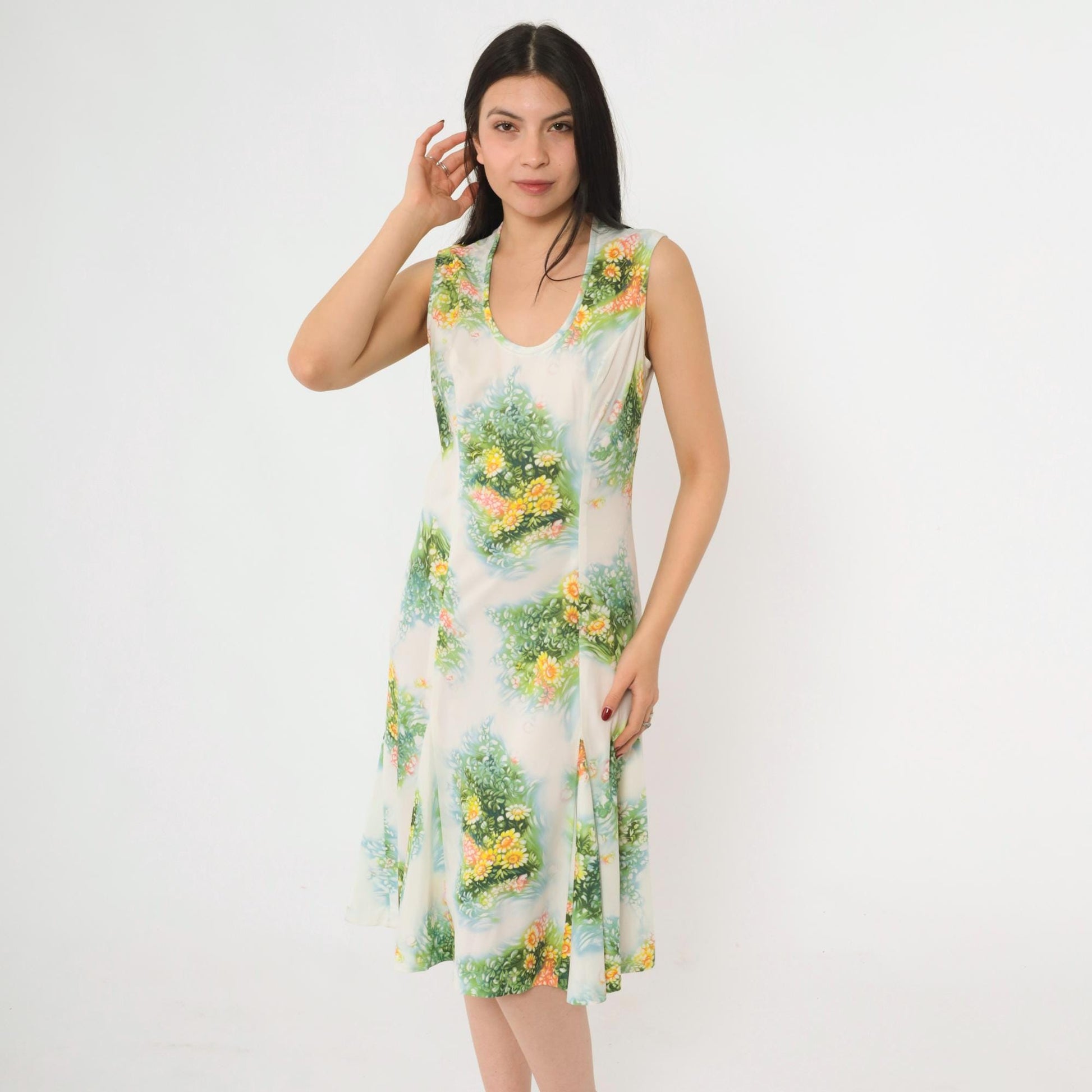 70s White Floral Print Sleeveless Dress Green Yellow Midi A-Line Medium 8