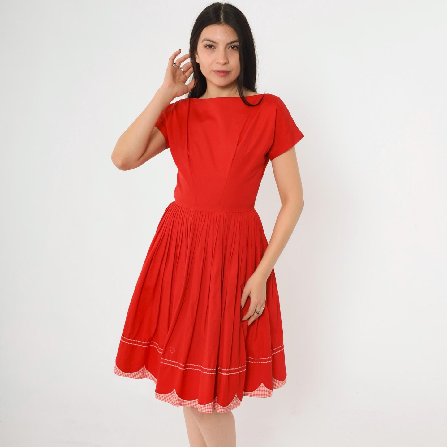 60s Red Pleated Dress Gingham Trim Boatneck Short Sleeve Knee Length Extra Small