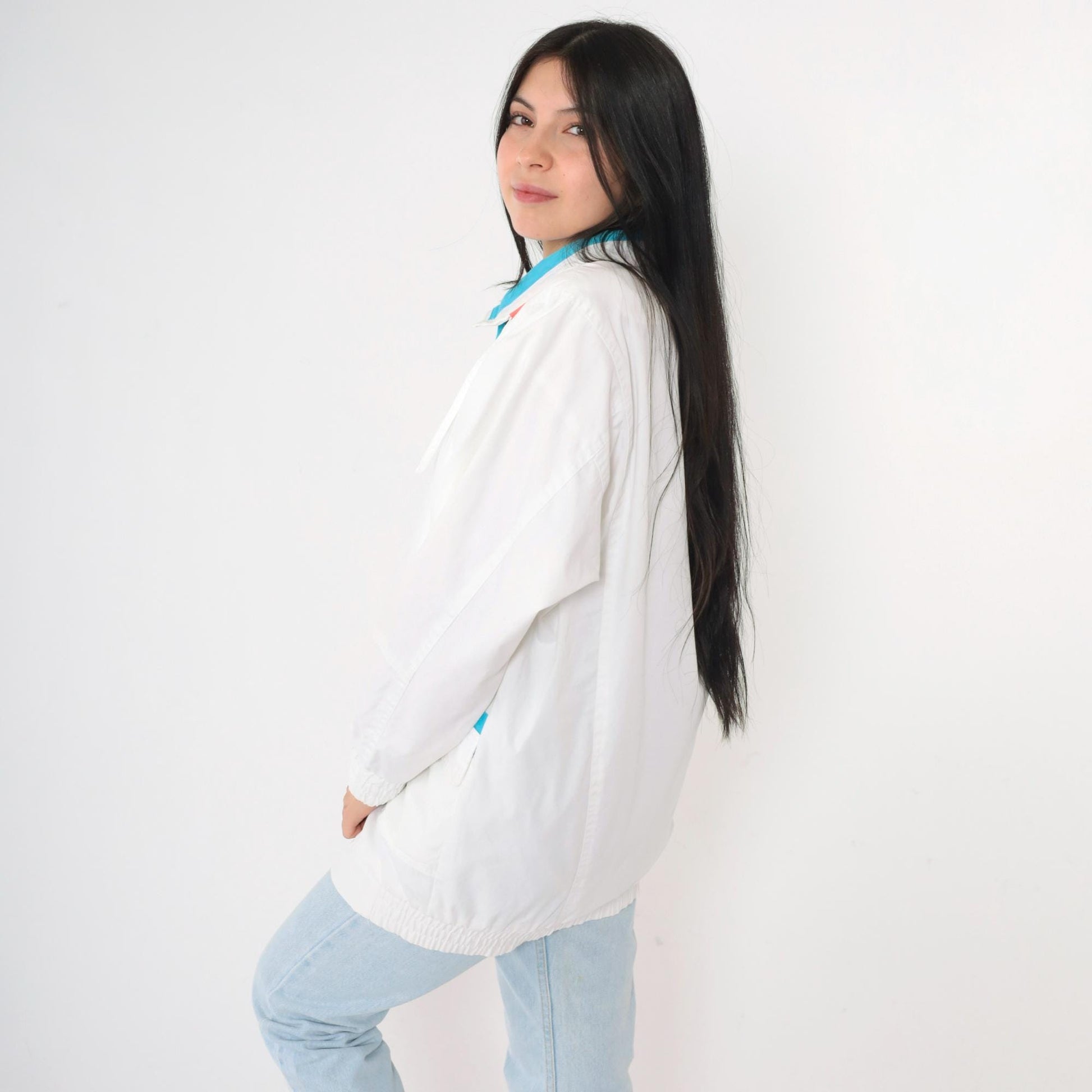 80s White Windbreaker Jacket Snap Zip Blue Coral Trim Small S