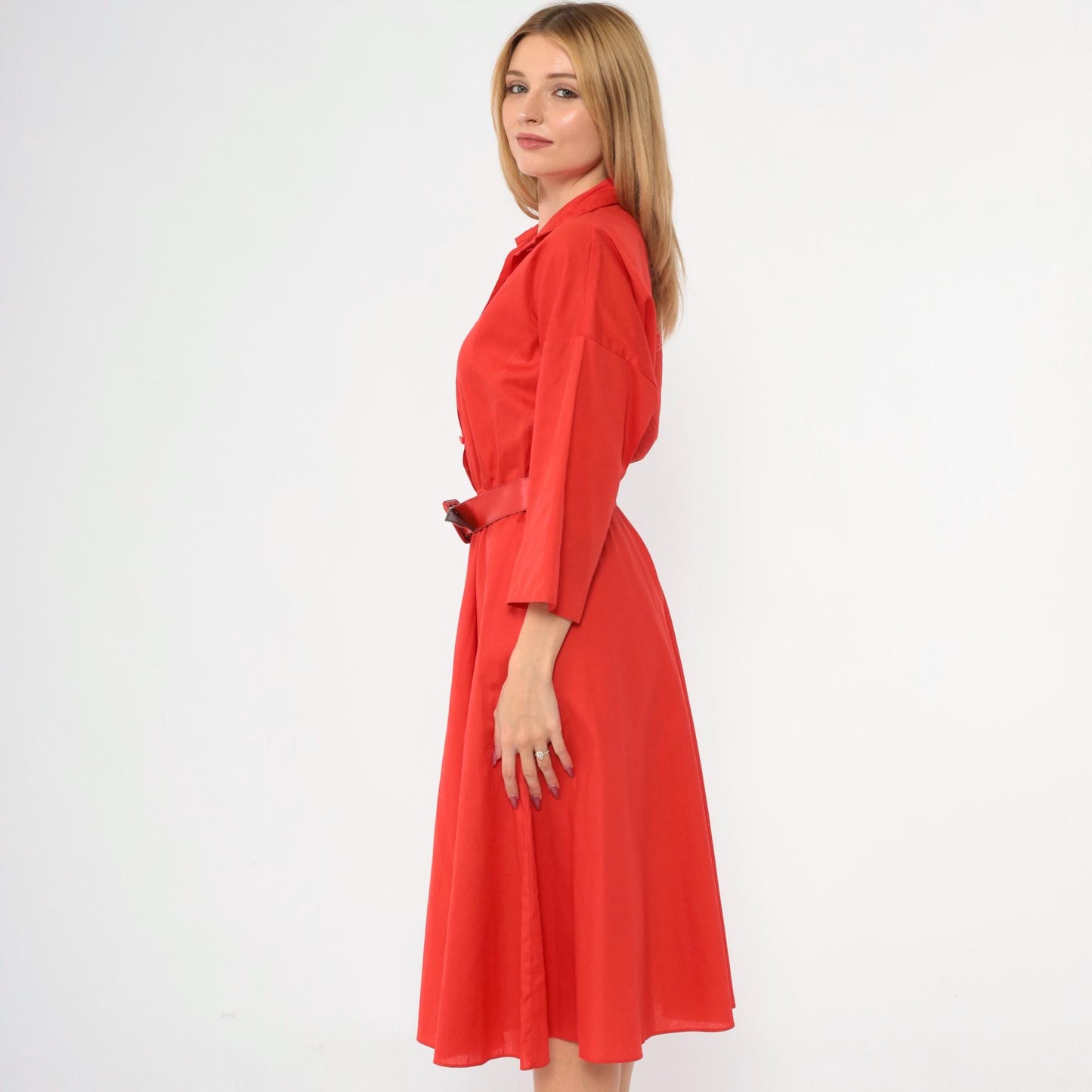 80s Red Button-Up Midi Shirtdress High Waisted 3/4 Sleeve Medium