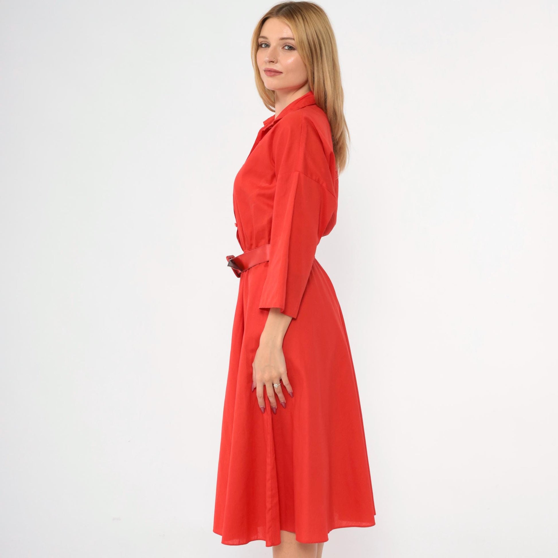 80s Red Button-Up Midi Shirtdress High Waisted 3/4 Sleeve Medium