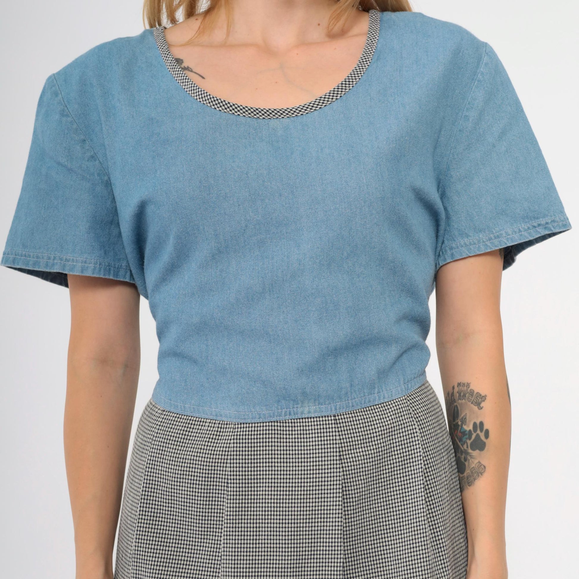 90s Blue Denim Checkered Maxi Dress Scoop Neck Short Sleeve Large 14