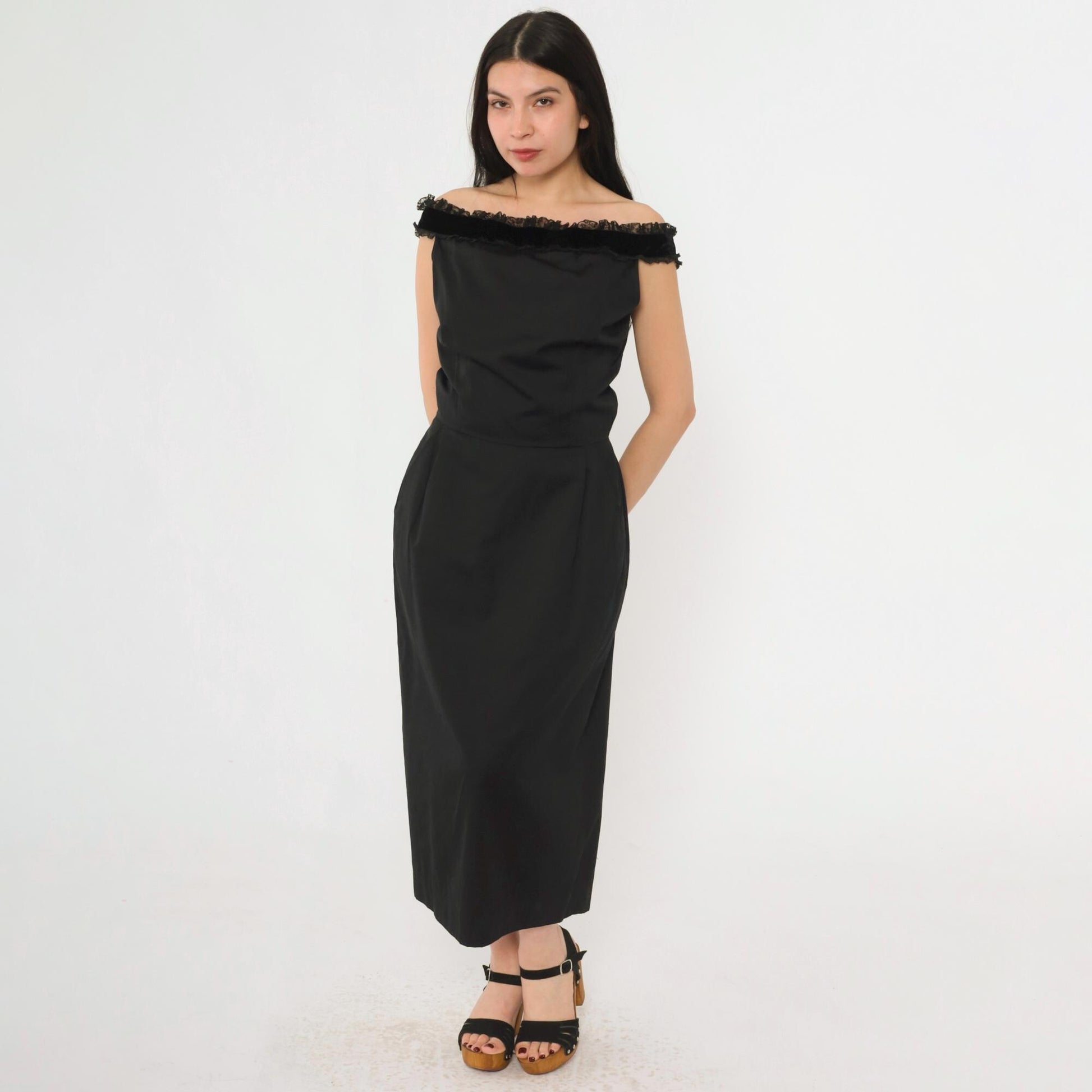 1960s Maggi Stover Black Cocktail Dress Off-Shoulder Velvet Lace Midi Small 4