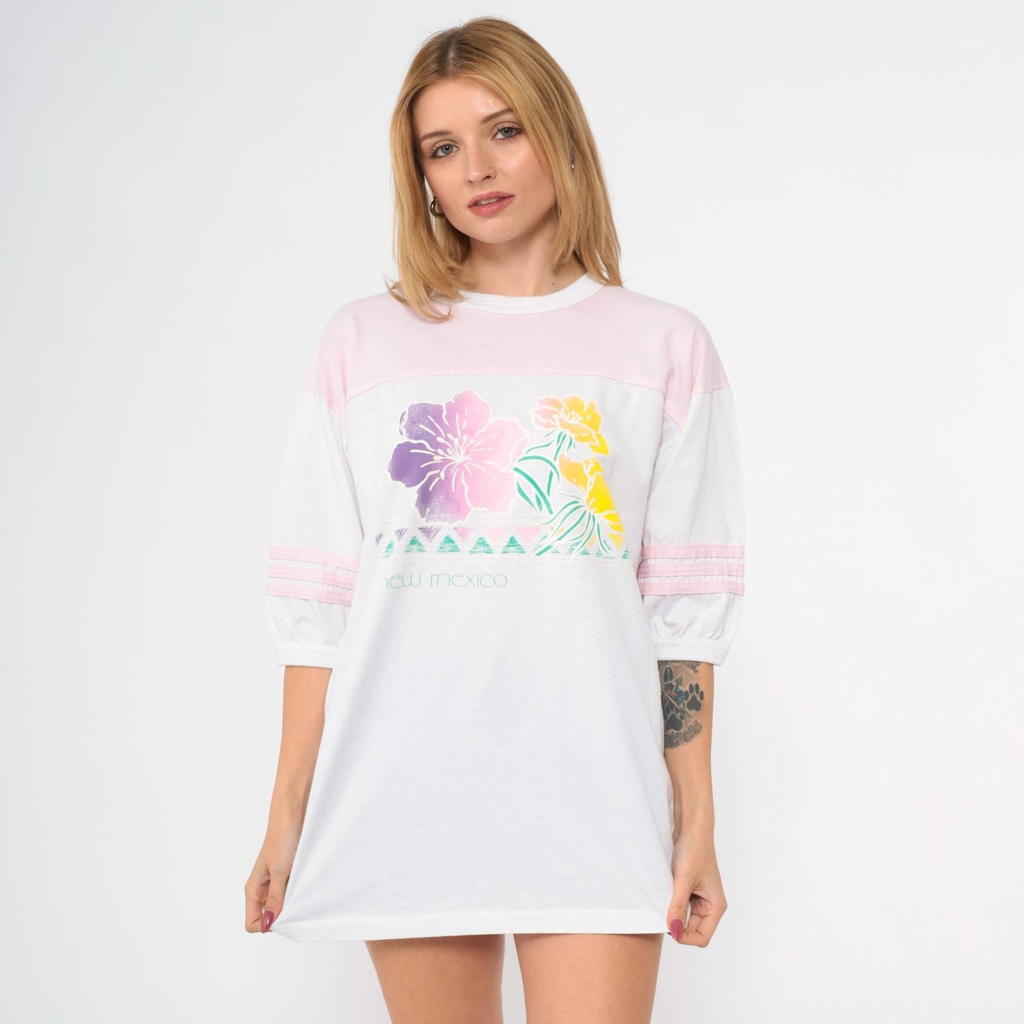 80s New Mexico Floral Ringer T-Shirt Baby Pink White Striped Graphic Tee Extra Large