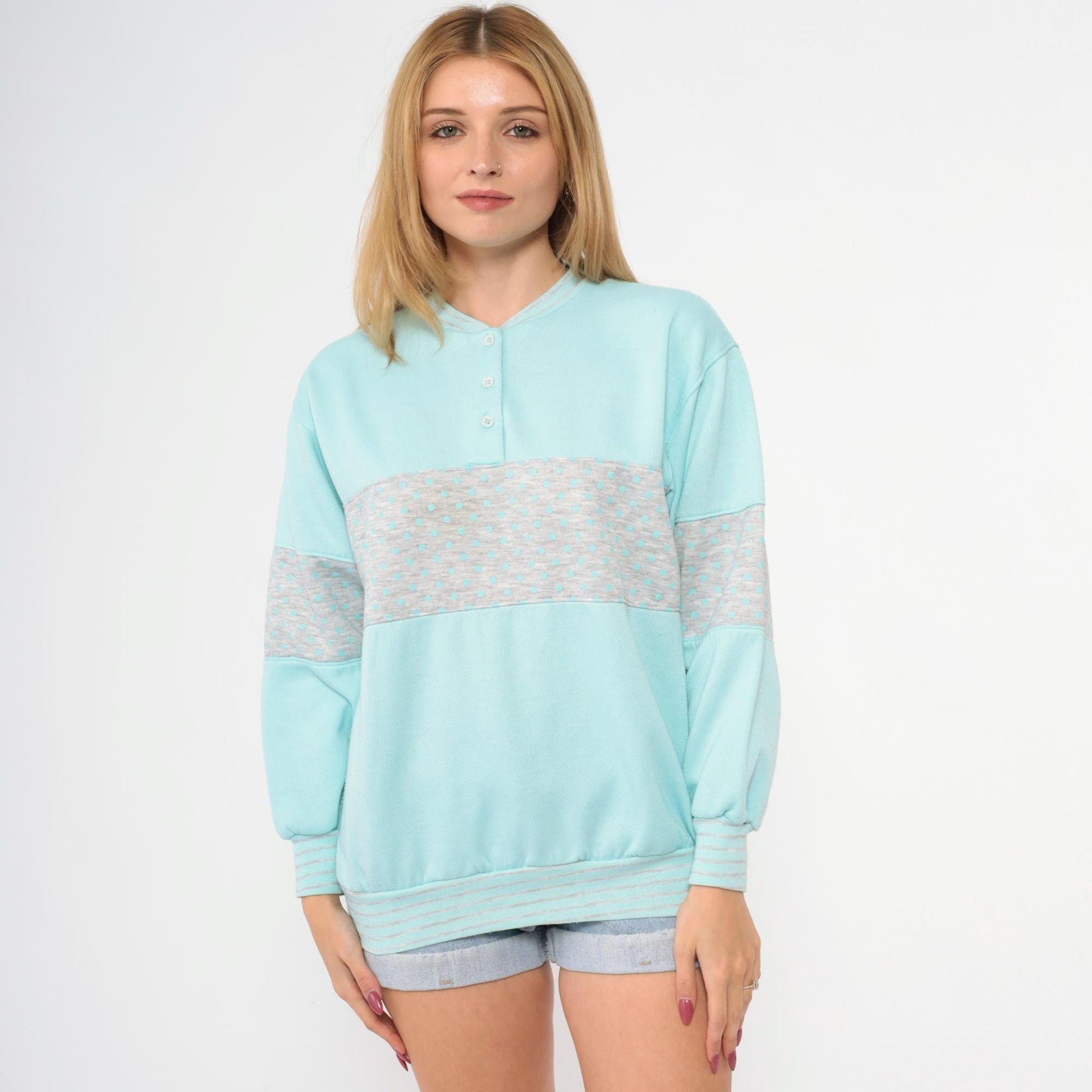 80s Mint Blue Polka Dot Henley Sweatshirt Grey Panel Color Block Medium