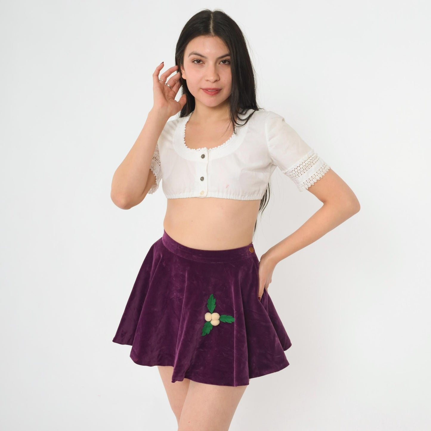 60s Purple Velvet Circle Mini Skirt Appliqué Berries Leaves 2XS