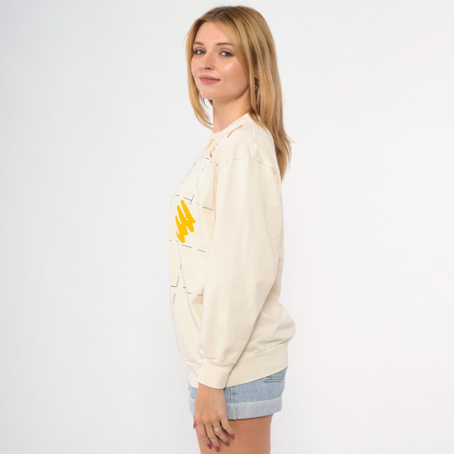 80s Brushstroke Sweatshirt Cream Rainbow Graphic Crewneck Medium