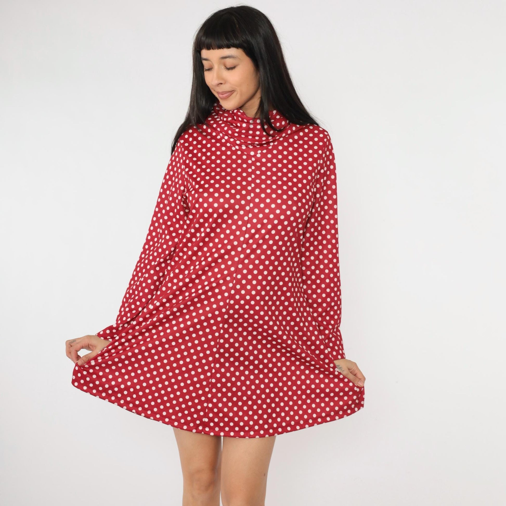 70s Red Polka Dot Mock Neck Mini Dress Long Sleeve A-Line Shift Medium Large