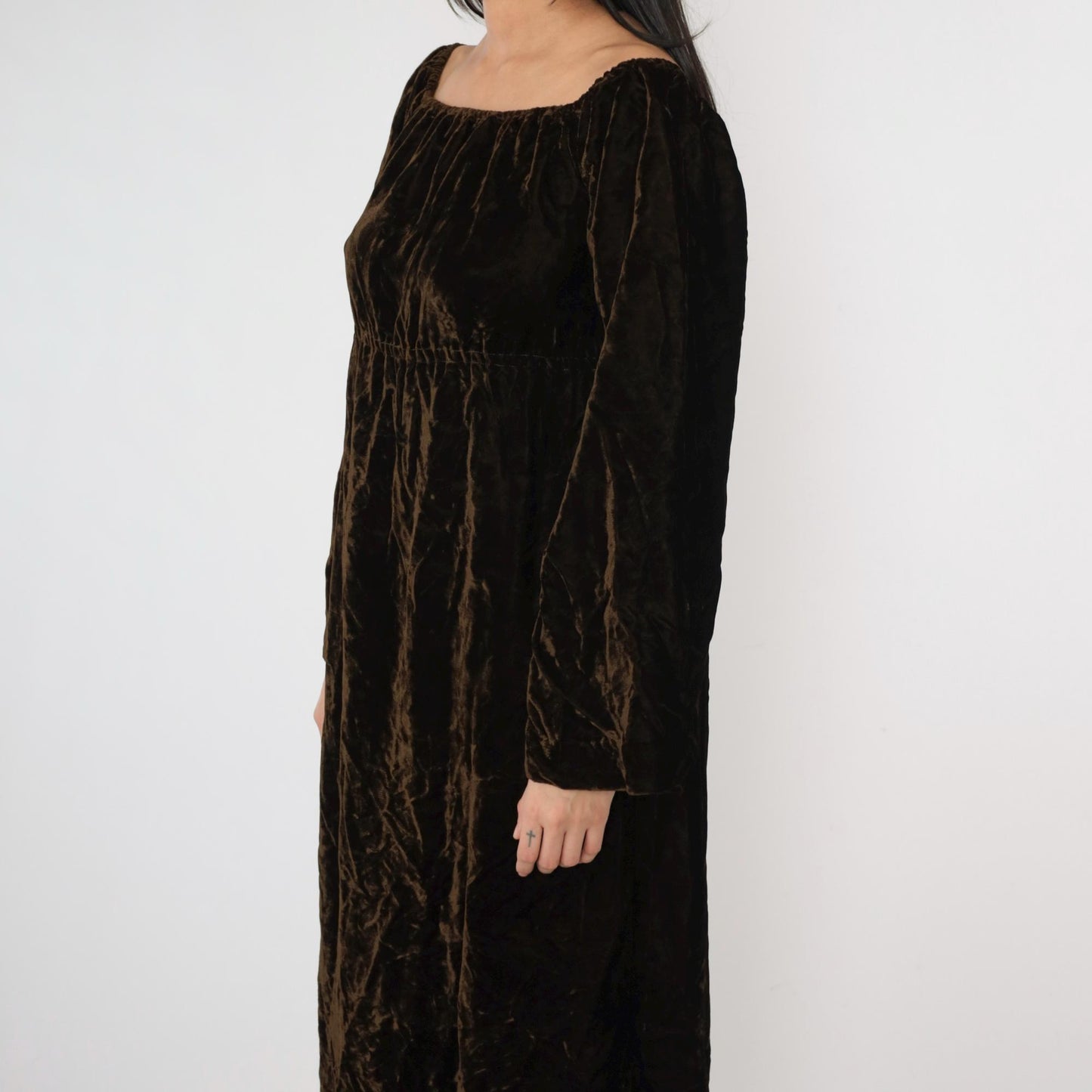 Y2K Brown Velvet Maxi Dress Empire Waist Wide Sleeve Small S
