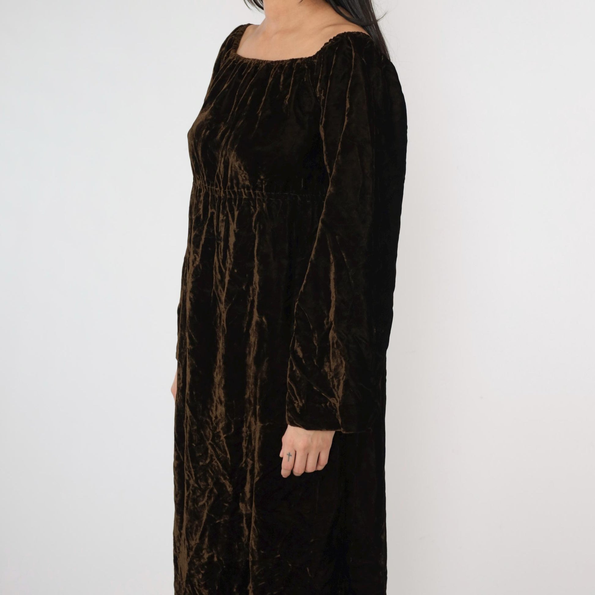 Y2K Brown Velvet Maxi Dress Empire Waist Wide Sleeve Small S