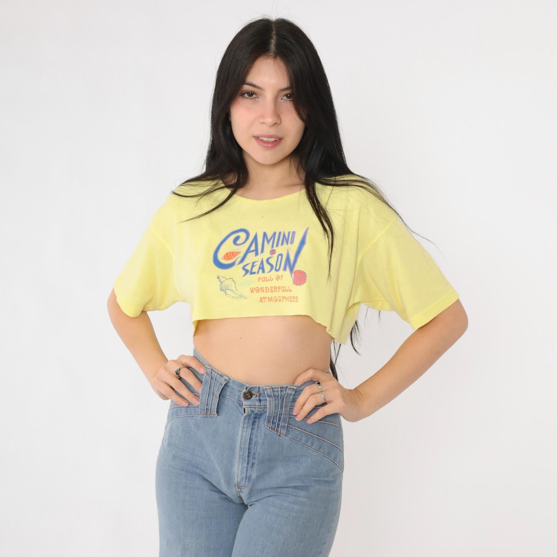 90s Camino de Santiago Yellow Crop Tee Scallop Shell Graphic Small