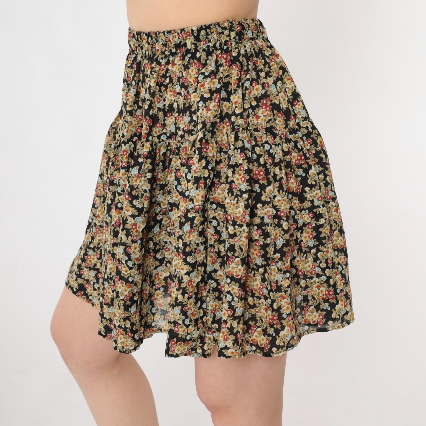90s Floral Tiered Mini Skirt Black Olive Green Elastic Waist Small