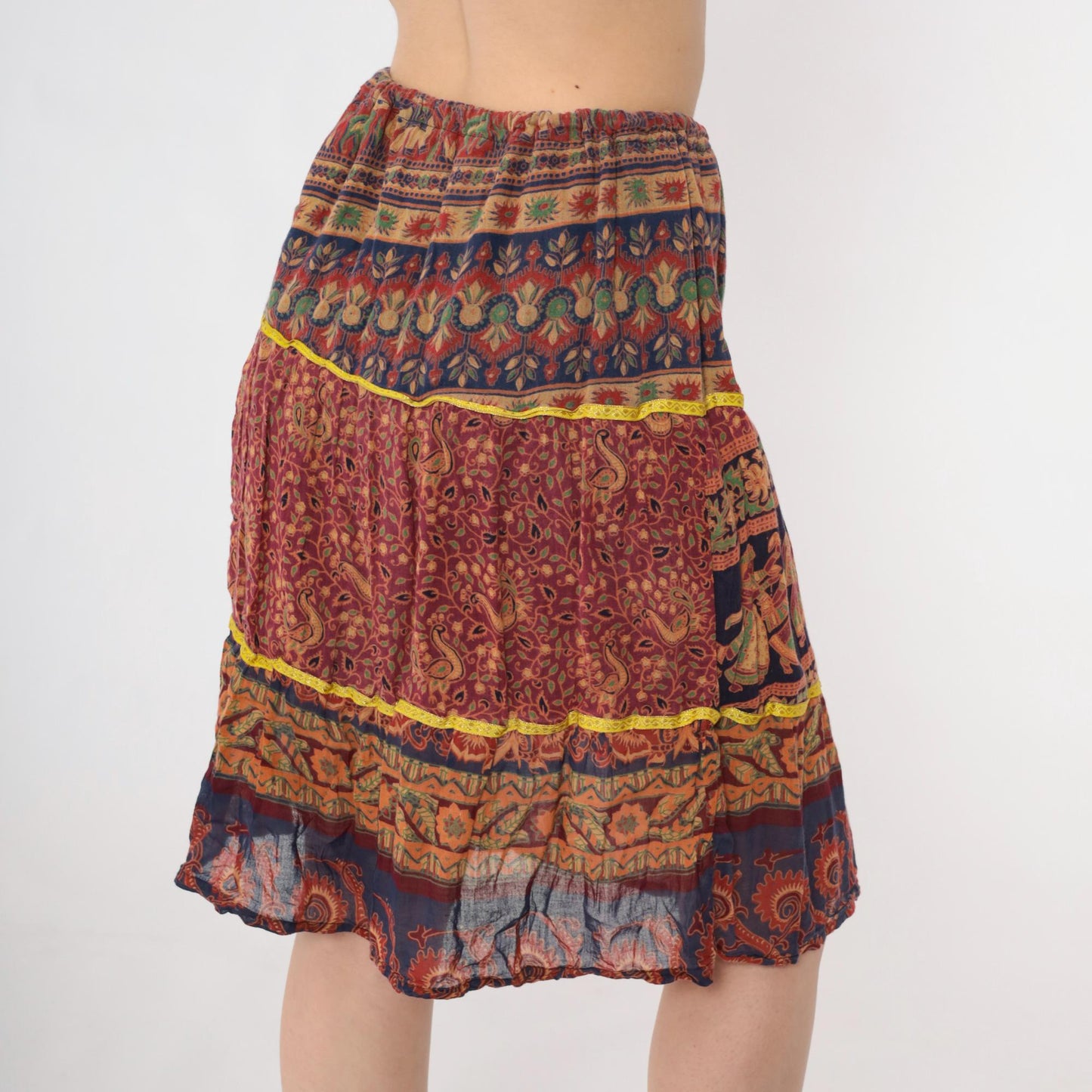 90s Broomstick Skirt Indian Dancer Floral Print Knee-Length Red Blue Small Medium