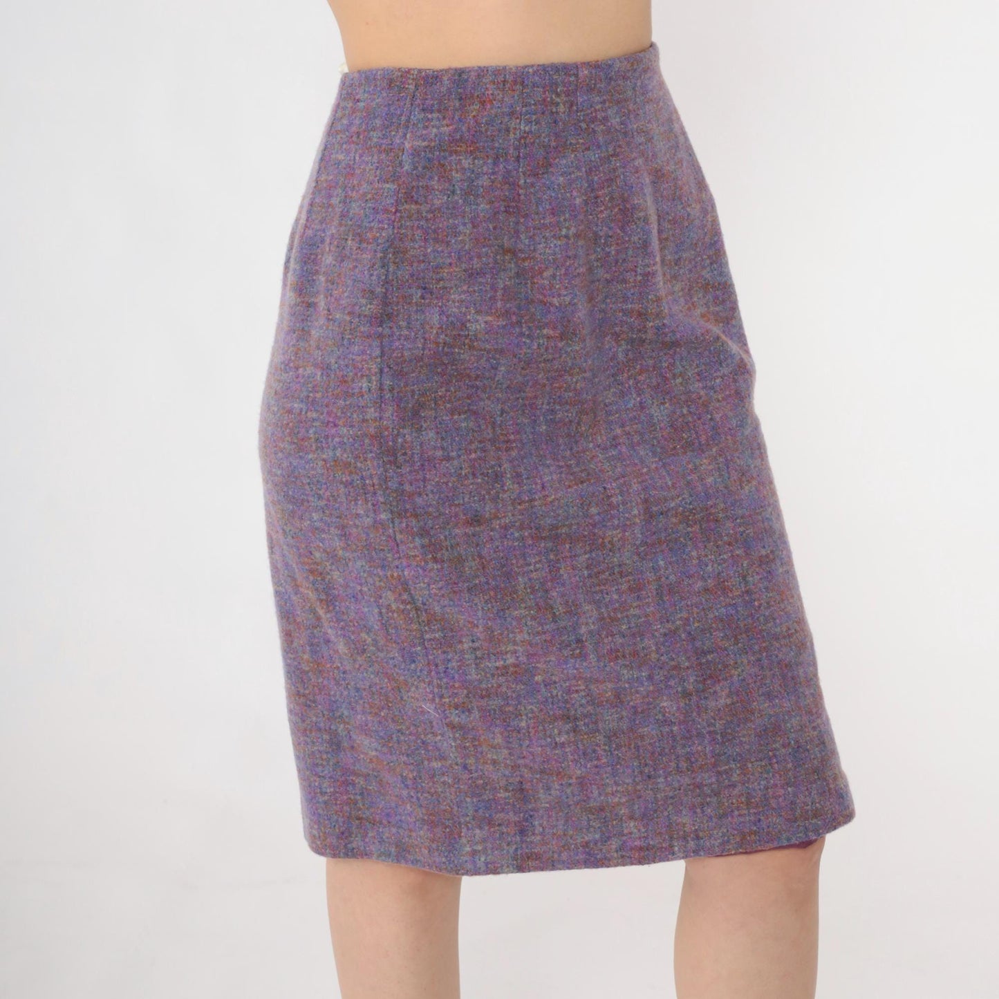 90s Worth Wool Tweed Pencil Skirt Purple High-Waist Knee-Length Small