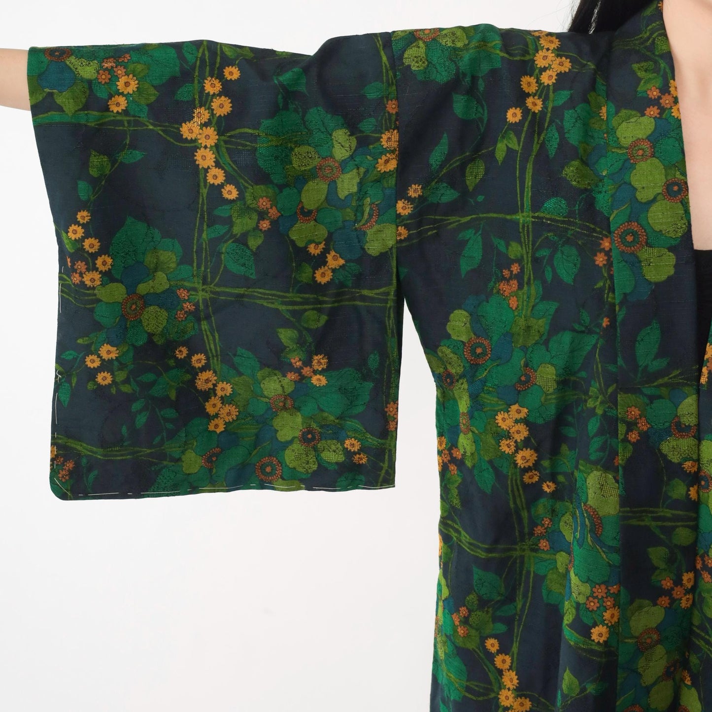 70s Green Floral Silk Kimono Robe Open Front Full Length