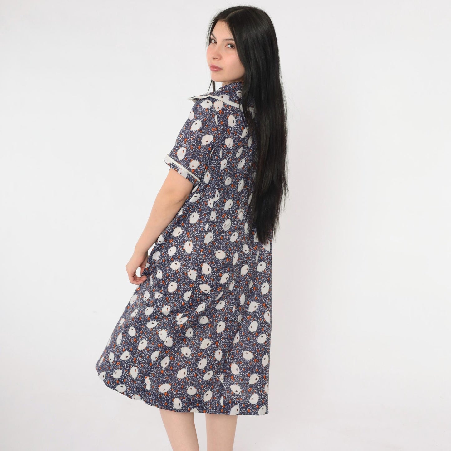 70s Blue Abstract Leaf Print Midi Dress Collared V-Neck Shift Large