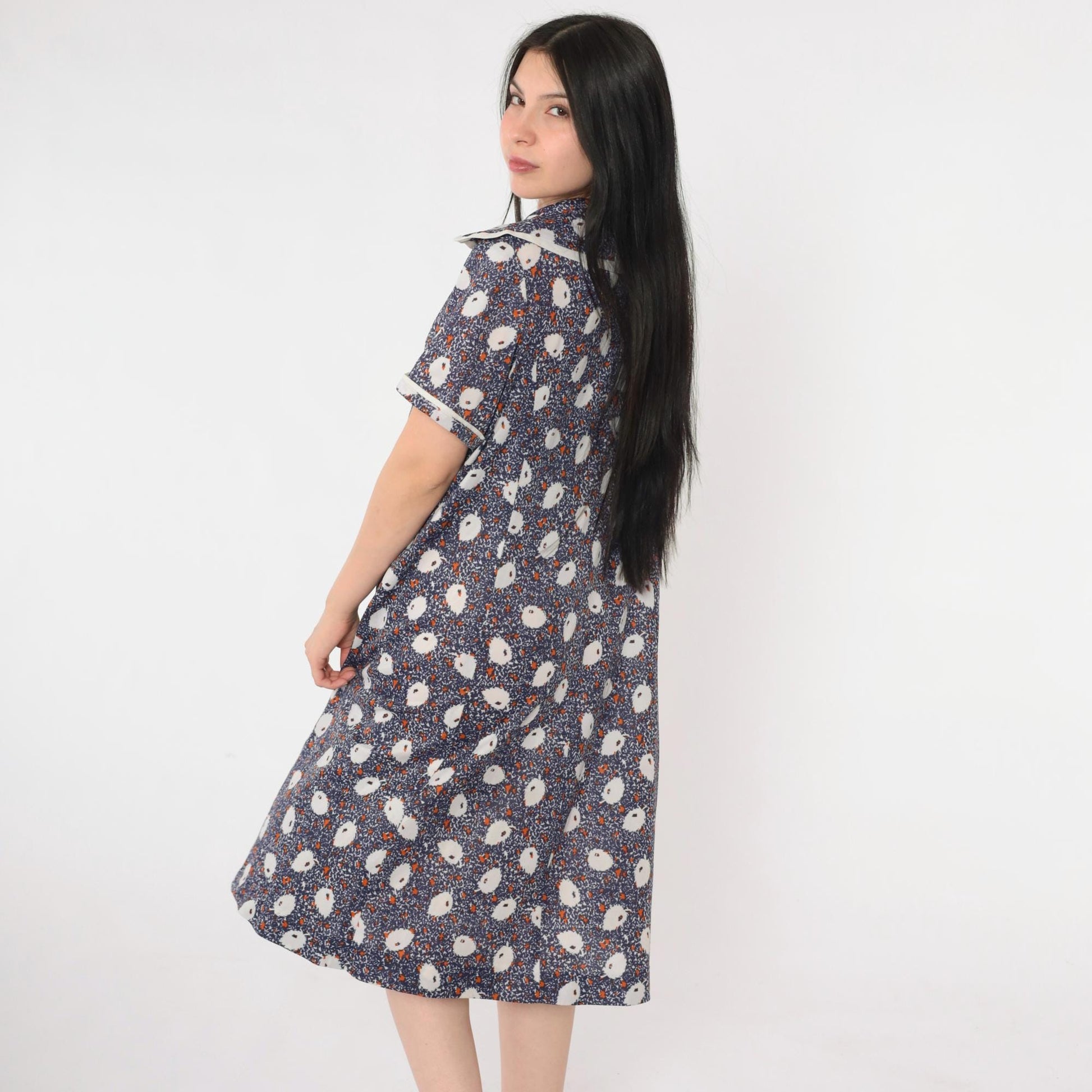 70s Blue Abstract Leaf Print Midi Dress Collared V-Neck Shift Large