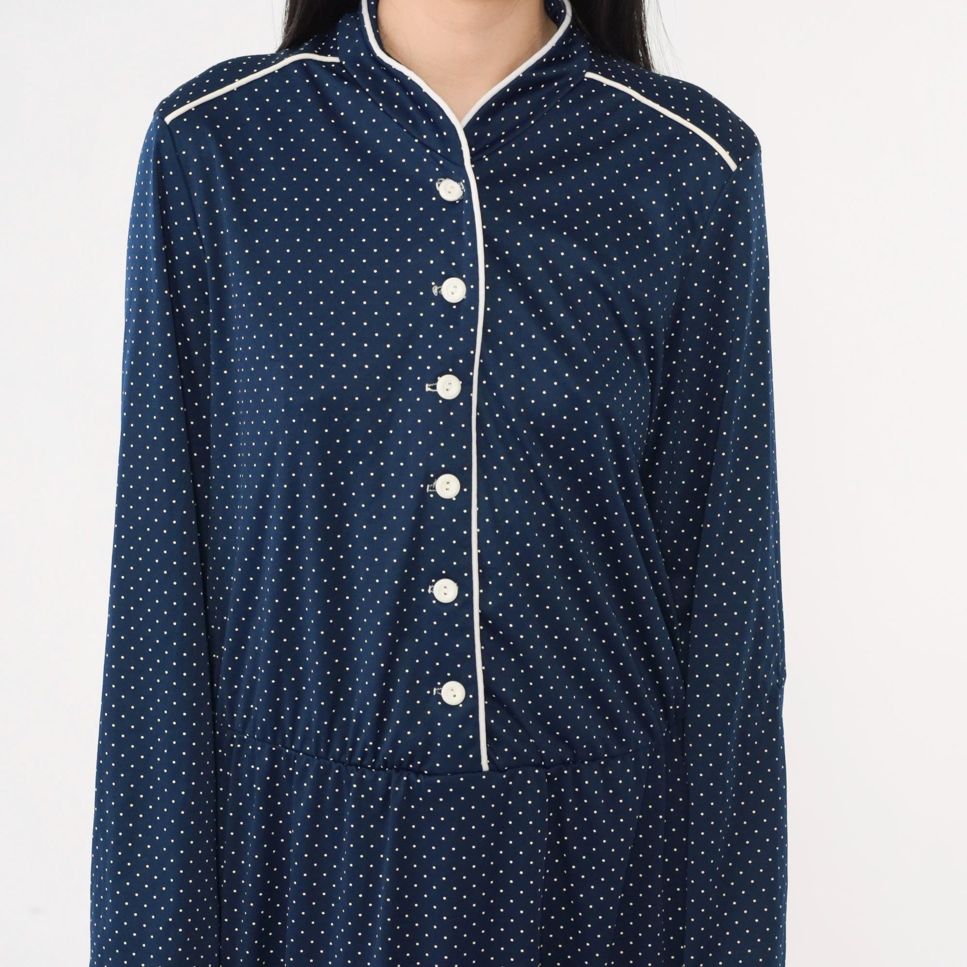 70s Polka Dot Midi Shirtdress Navy Blue High Waist Button Up Long Sleeve Large L