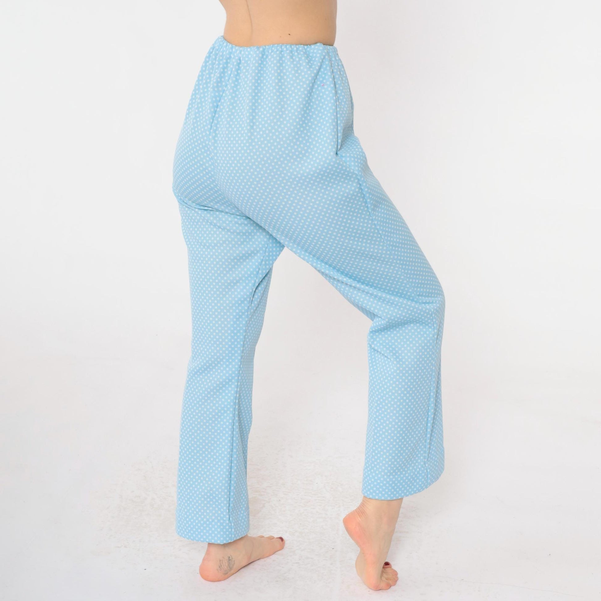 70s Baby Blue Polka Dot Flared Pants High Waist Elastic Small